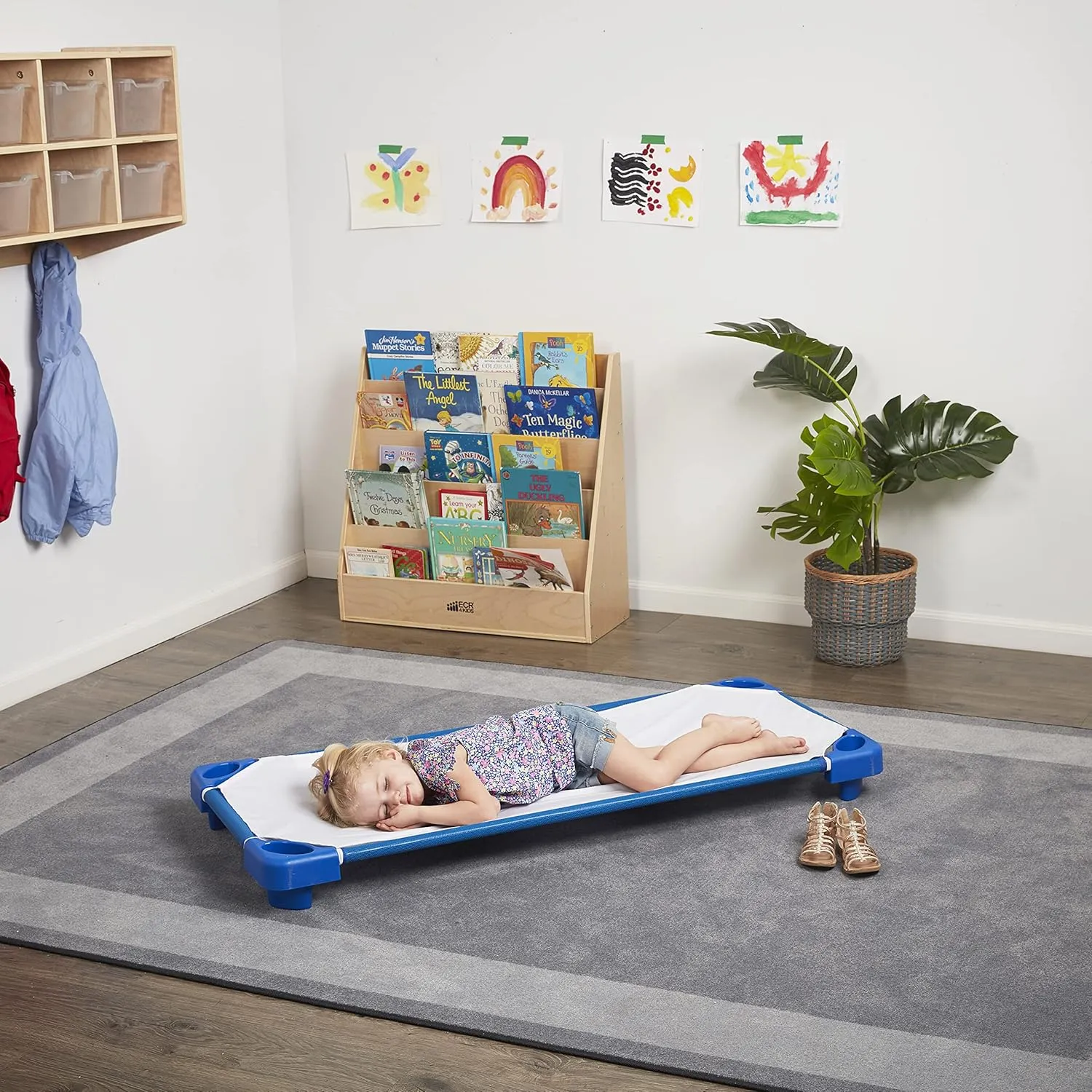 ECR4Kids Stackable Kiddie Cot, Assembled, Standard Size, Classroom Furniture, Blue, 5-Pack