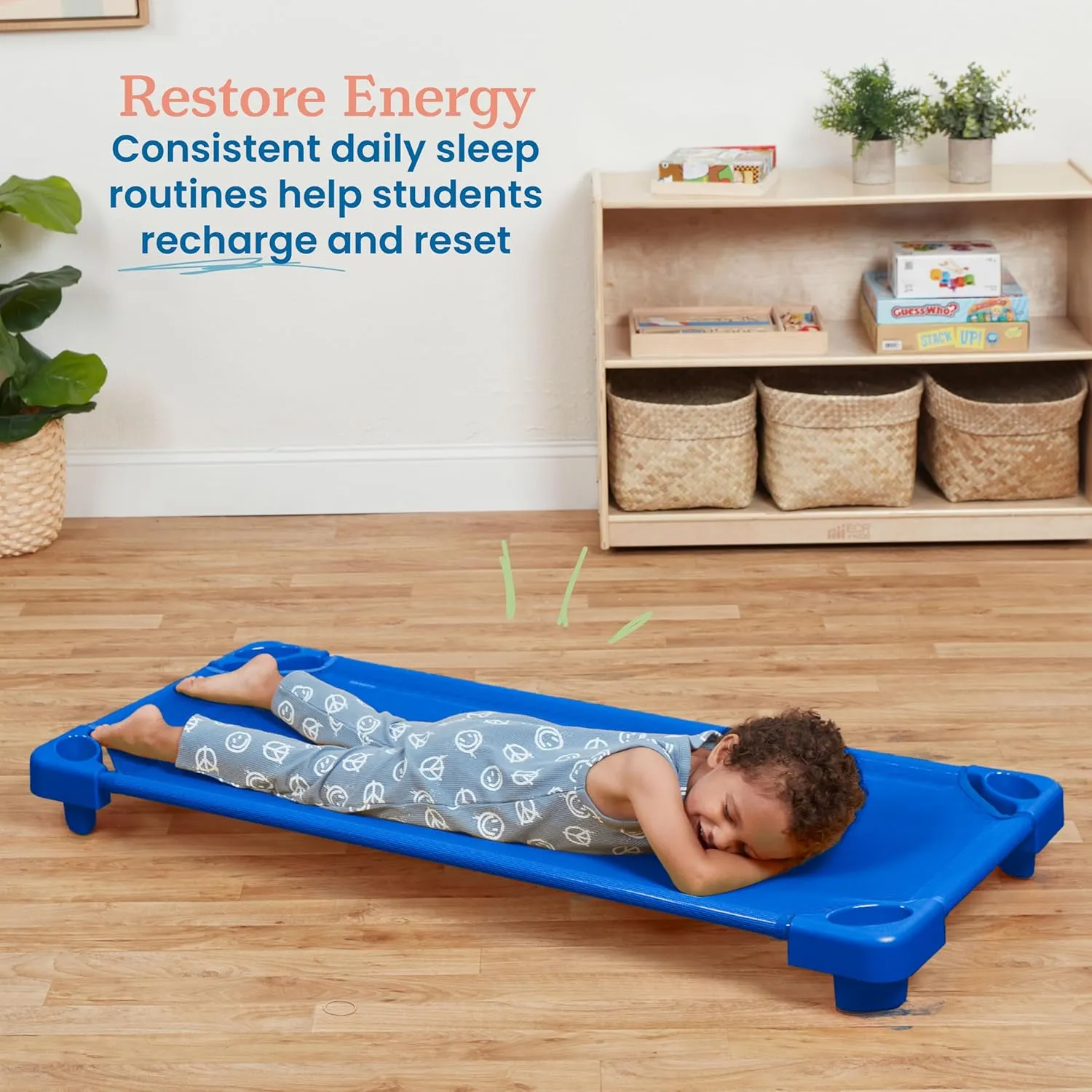 ECR4Kids Stackable Kiddie Cot, Assembled, Standard Size, Classroom Furniture, Blue, 5-Pack
