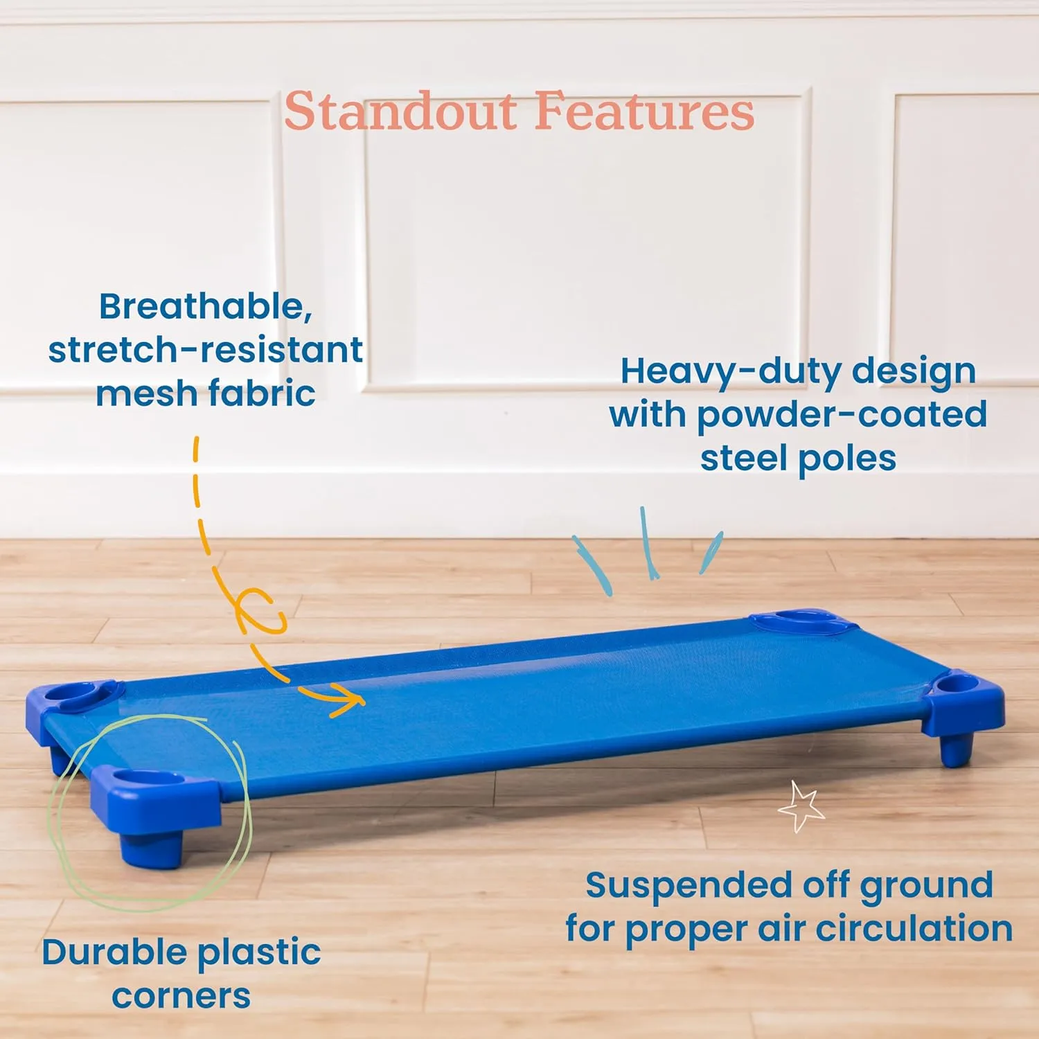 ECR4Kids Stackable Kiddie Cot, Assembled, Standard Size, Classroom Furniture, Blue, 5-Pack