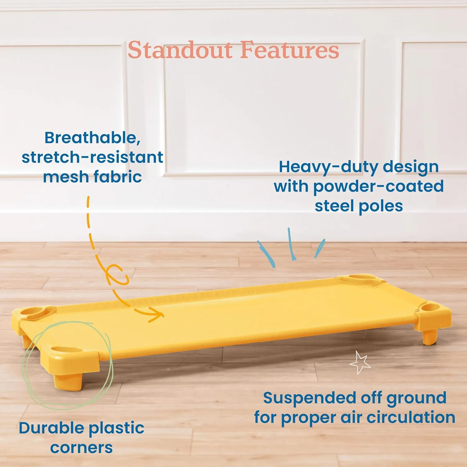 ECR4Kids Stackable Kiddie Cot, Ready-to-Assemble, Standard Size, Classroom Furniture, Yellow, 6-Pack