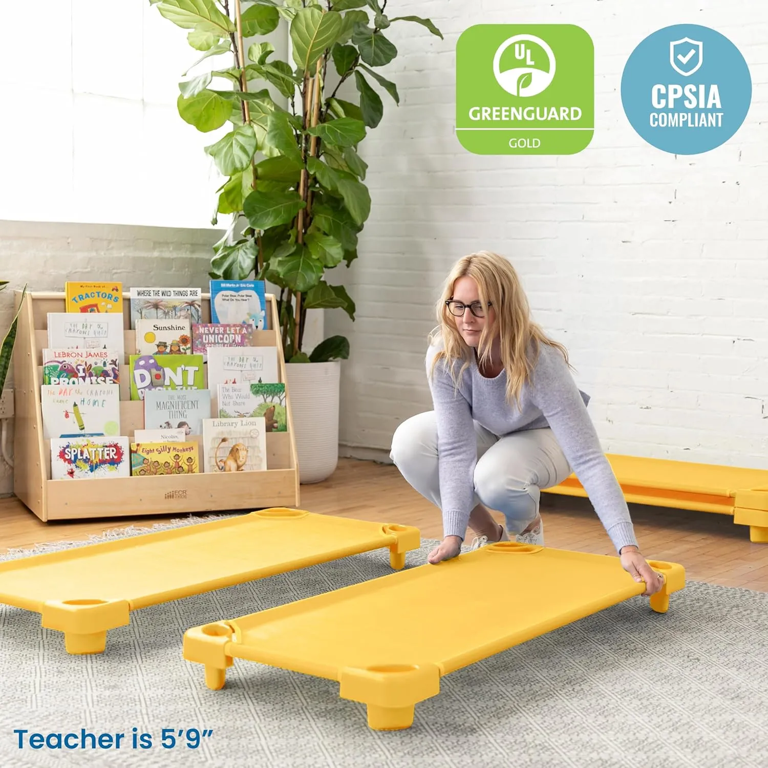 ECR4Kids Stackable Kiddie Cot, Ready-to-Assemble, Standard Size, Classroom Furniture, Yellow, 6-Pack