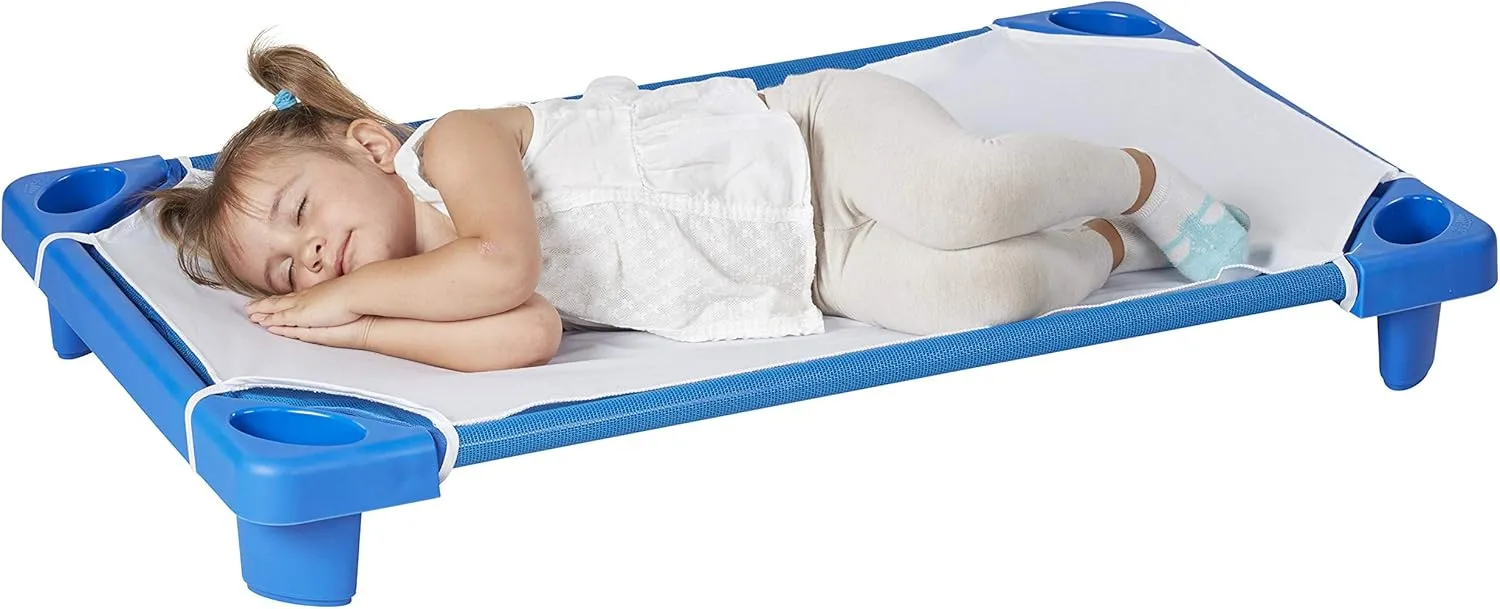ECR4Kids Stackable Kiddie Cot with Sheet, Ready-to-Assemble, Toddler Size, Classroom Furniture, Blue, 6-Pack