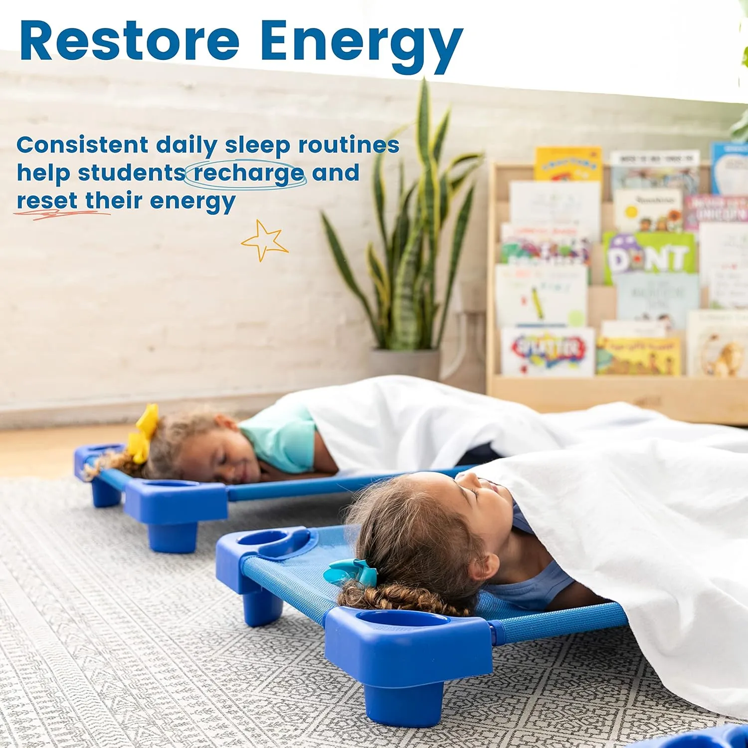 ECR4Kids Stackable Kiddie Cot with Sheet, Ready-to-Assemble, Toddler Size, Classroom Furniture, Blue, 6-Pack