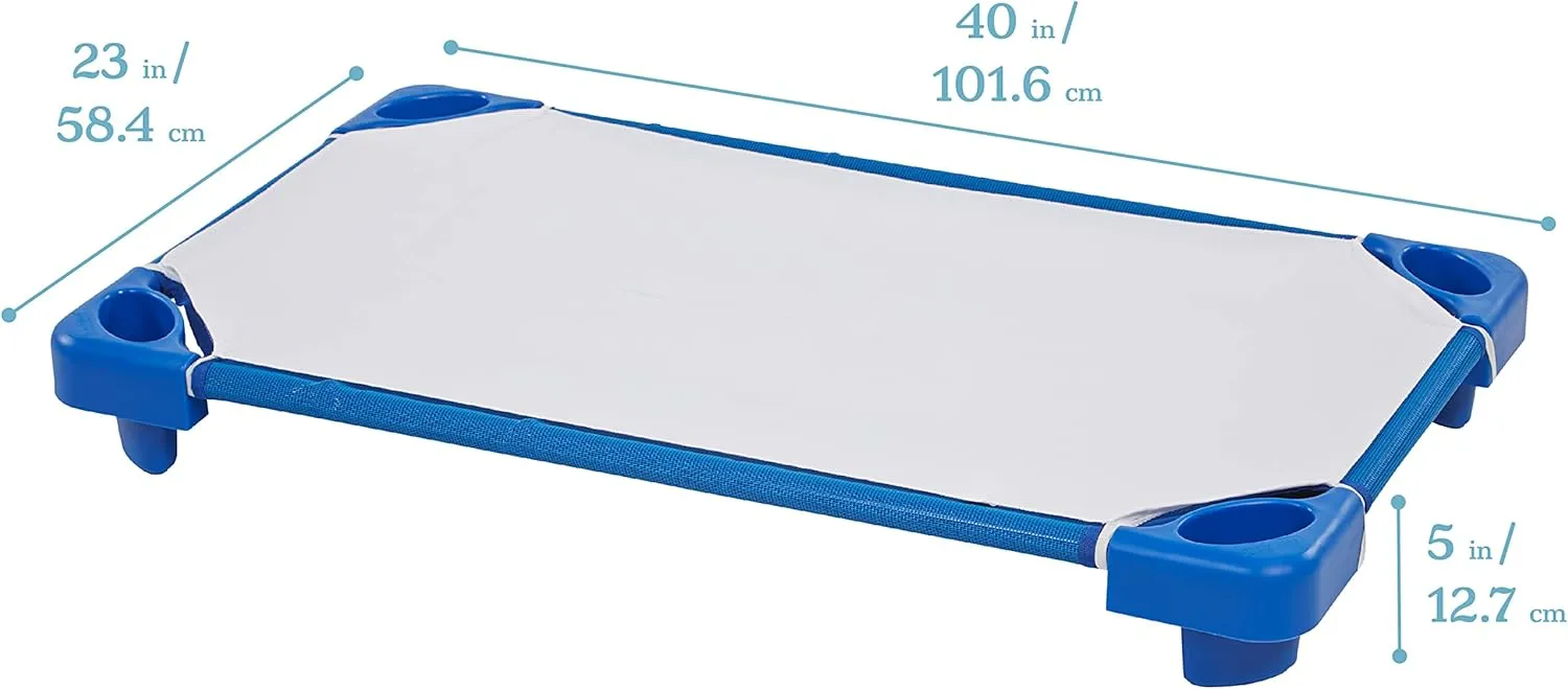 ECR4Kids Stackable Kiddie Cot with Sheet, Ready-to-Assemble, Toddler Size, Classroom Furniture, Blue, 6-Pack