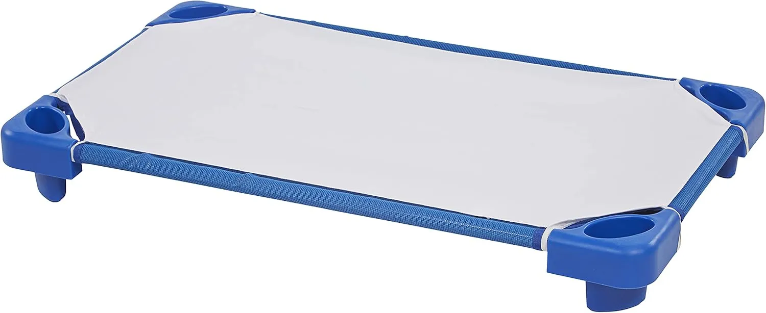 ECR4Kids Stackable Kiddie Cot with Sheet, Ready-to-Assemble, Toddler Size, Classroom Furniture, Blue, 6-Pack