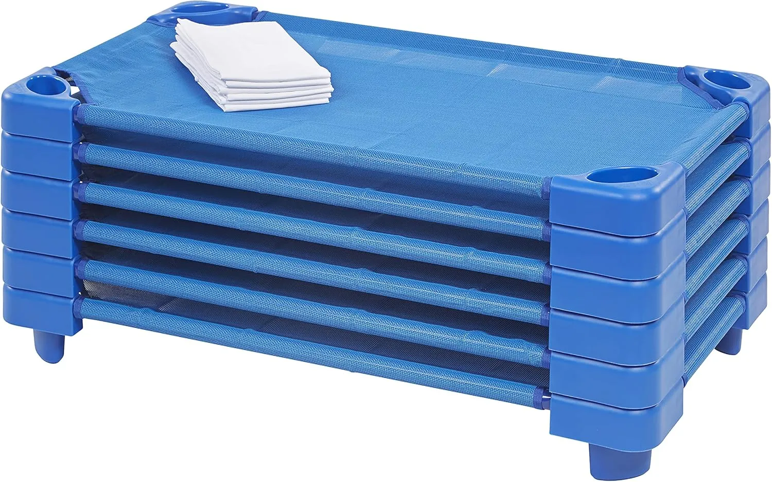 ECR4Kids Stackable Kiddie Cot with Sheet, Ready-to-Assemble, Toddler Size, Classroom Furniture, Blue, 6-Pack