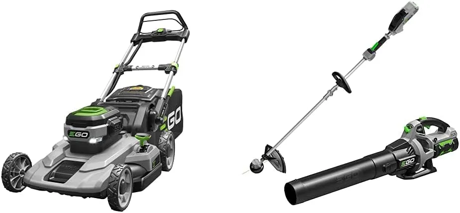 EGO Power  LM2101 21-Inch 56-Volt Lithium-ion Cordless Lawn Mower 5.0Ah Battery and Rapid Charger Included & 15-Inch String Trimmer, Blower Combo Kit with 2.5Ah Battery and Charger Included, Black