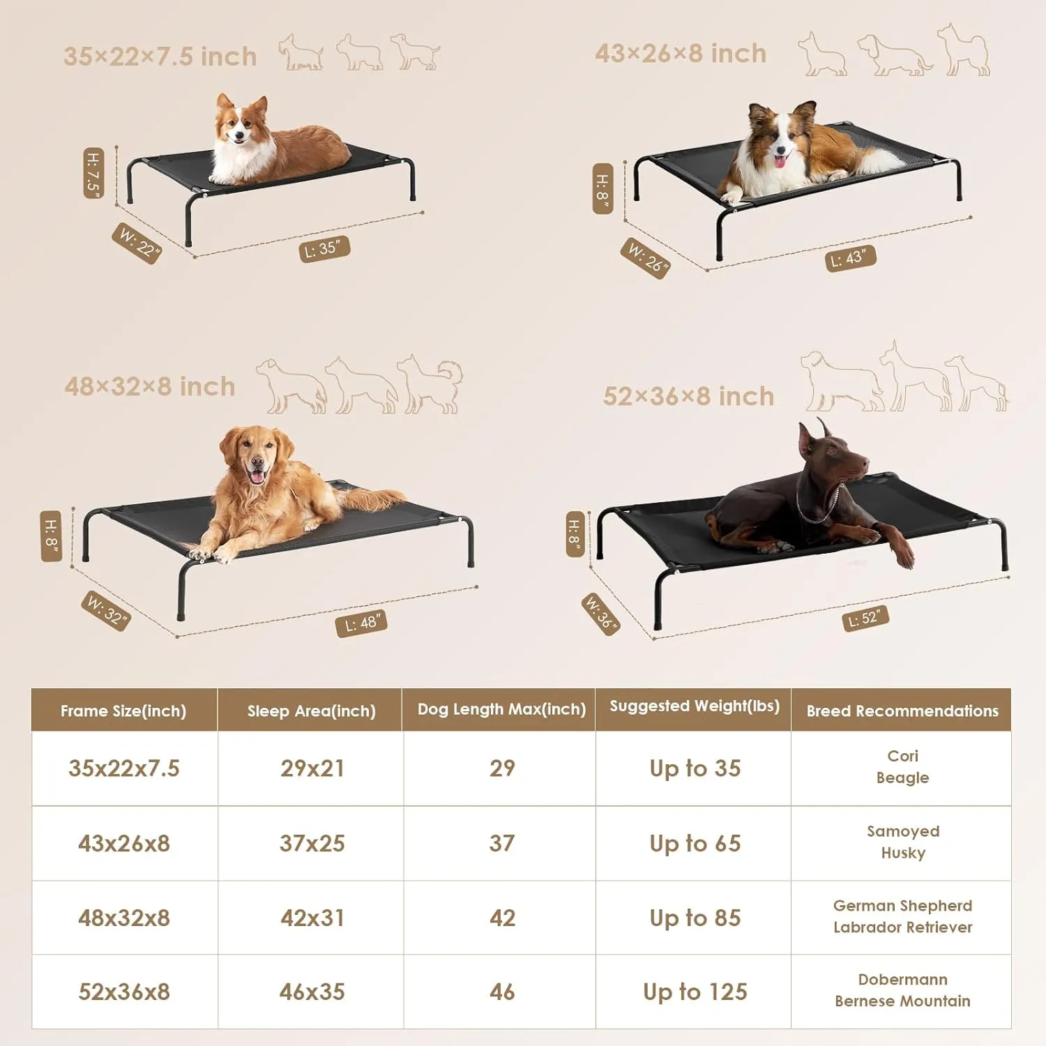 EHEYCIGA Elevated Dog Cot Beds for Large Dogs, Raised Outdoor Dog Hammock, Lifted Pet Platform with Frame and Washable Waterproof Cooling Teslin Mesh and Anti-Slip Feet, 43x26 inch