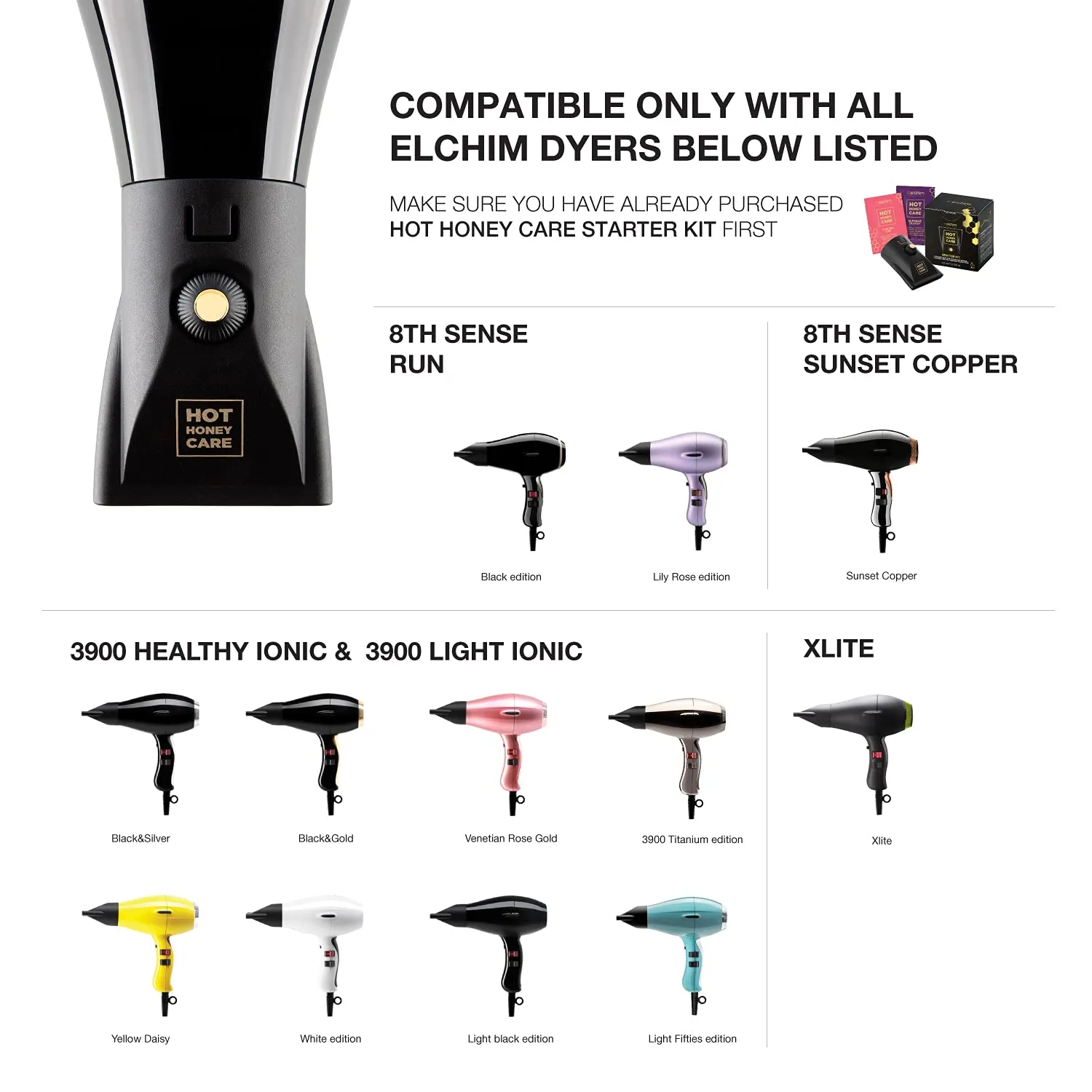 Elchim Hot Honey Care: Anti Frizz and Hair Gloss System for Dry/Damaged Hair, Hair Serum and Blow Dry Starter Kit, Hair Dryer Concentrator Compatible with Elchim Compact Hair Dryers