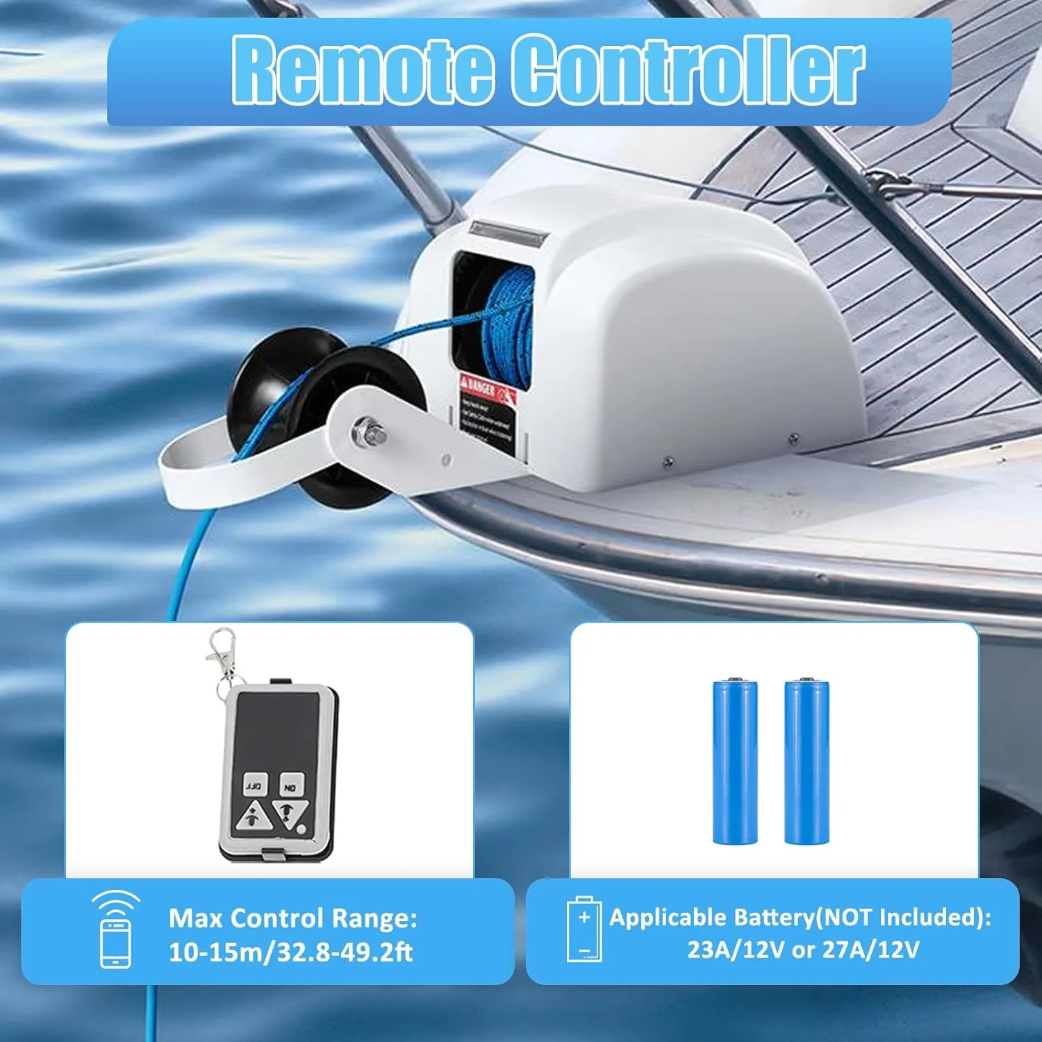 Electric Boat Anchor Winch Kit 12V Saltwater Marine Anchor Windlass System with 100ft Anchor Rope Remote Control Heavy Duty Towing Winches for 24ft Fishing Boat Pontoon Boat