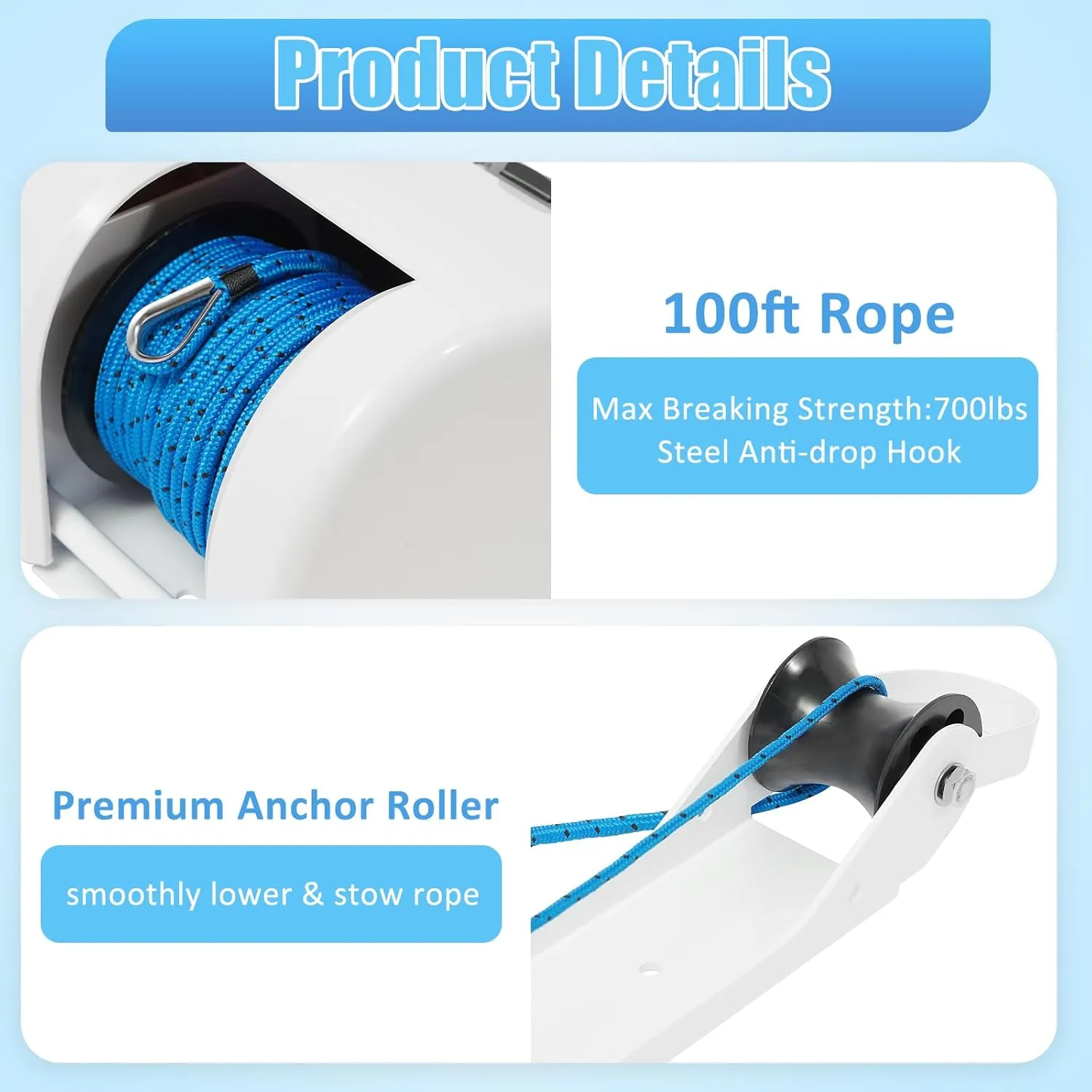 Electric Boat Anchor Winch Kit 12V Saltwater Marine Anchor Windlass System with 100ft Anchor Rope Remote Control Heavy Duty Towing Winches for 24ft Fishing Boat Pontoon Boat