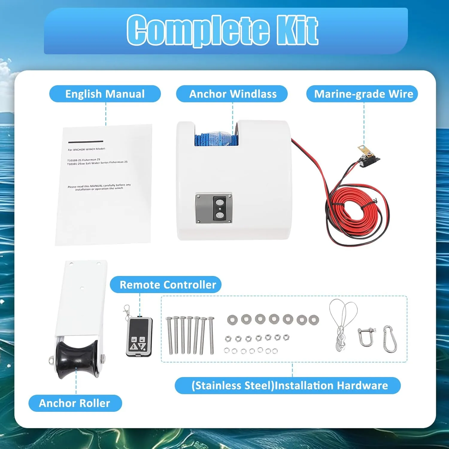 Electric Boat Anchor Winch Kit 12V Saltwater Marine Anchor Windlass System with 100ft Anchor Rope Remote Control Heavy Duty Towing Winches for 24ft Fishing Boat Pontoon Boat