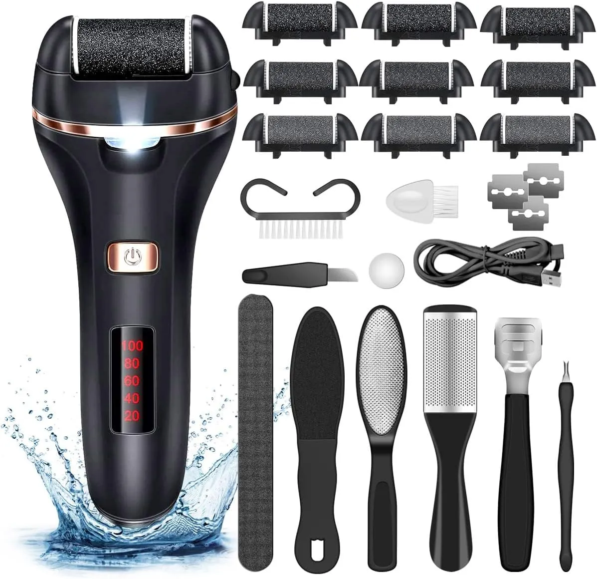 Electric Callus Remover for Feet,Rechargeable Foot File Hard Skin Remover,Waterproof 14 in1 Professional Pedicure Kit for Cracked Heels &Dead Skin,with 9 Roller Heads 2 Speed, Battery Display