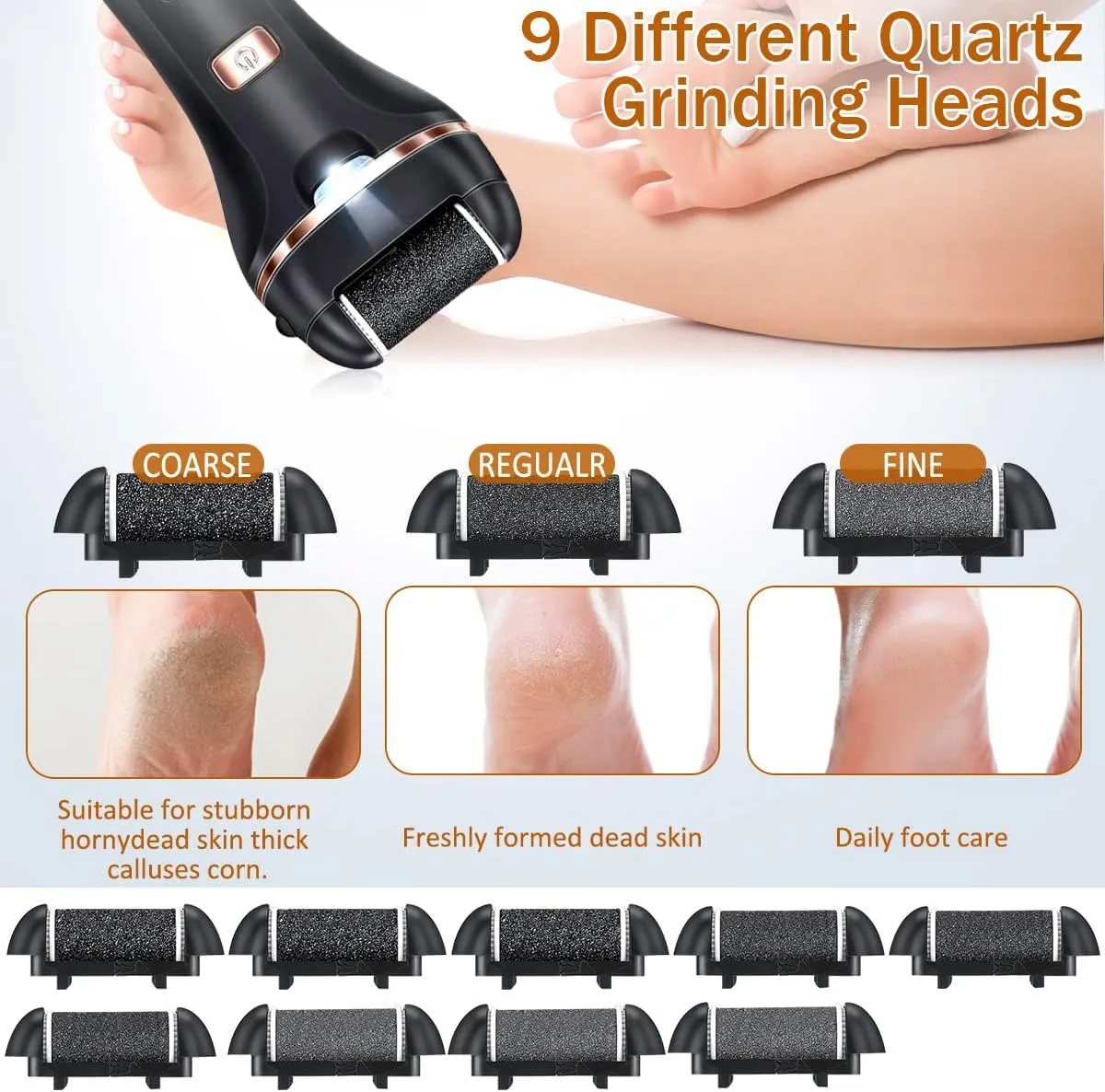 Electric Callus Remover for Feet,Rechargeable Foot File Hard Skin Remover,Waterproof 14 in1 Professional Pedicure Kit for Cracked Heels &Dead Skin,with 9 Roller Heads 2 Speed, Battery Display