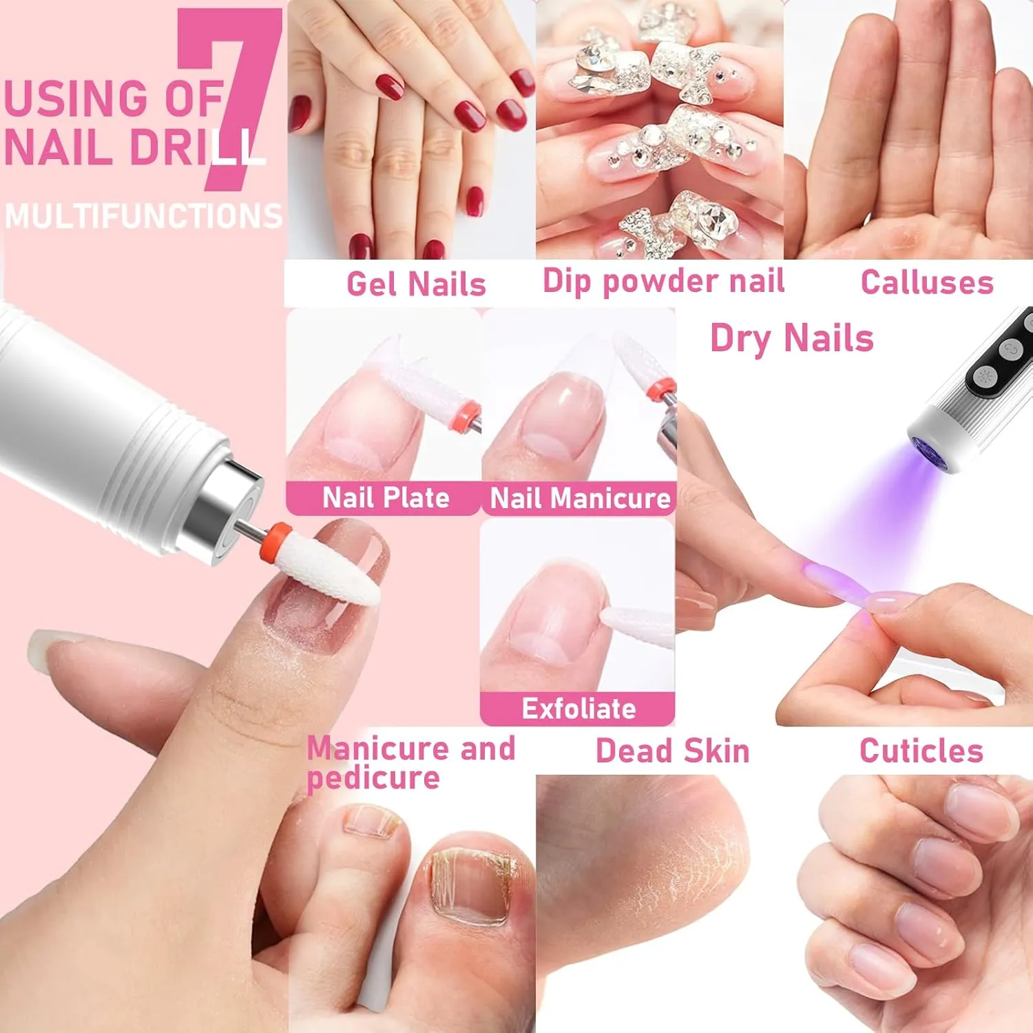 Electric Nail Drill Kit with U V Nail Lamp,Portable Cordless Electric Nail File with Display Screen,9 Speeds Professional Manicure Pedicure Polishing 12-in-1 Nail Drill Kit for Home and Salon Use