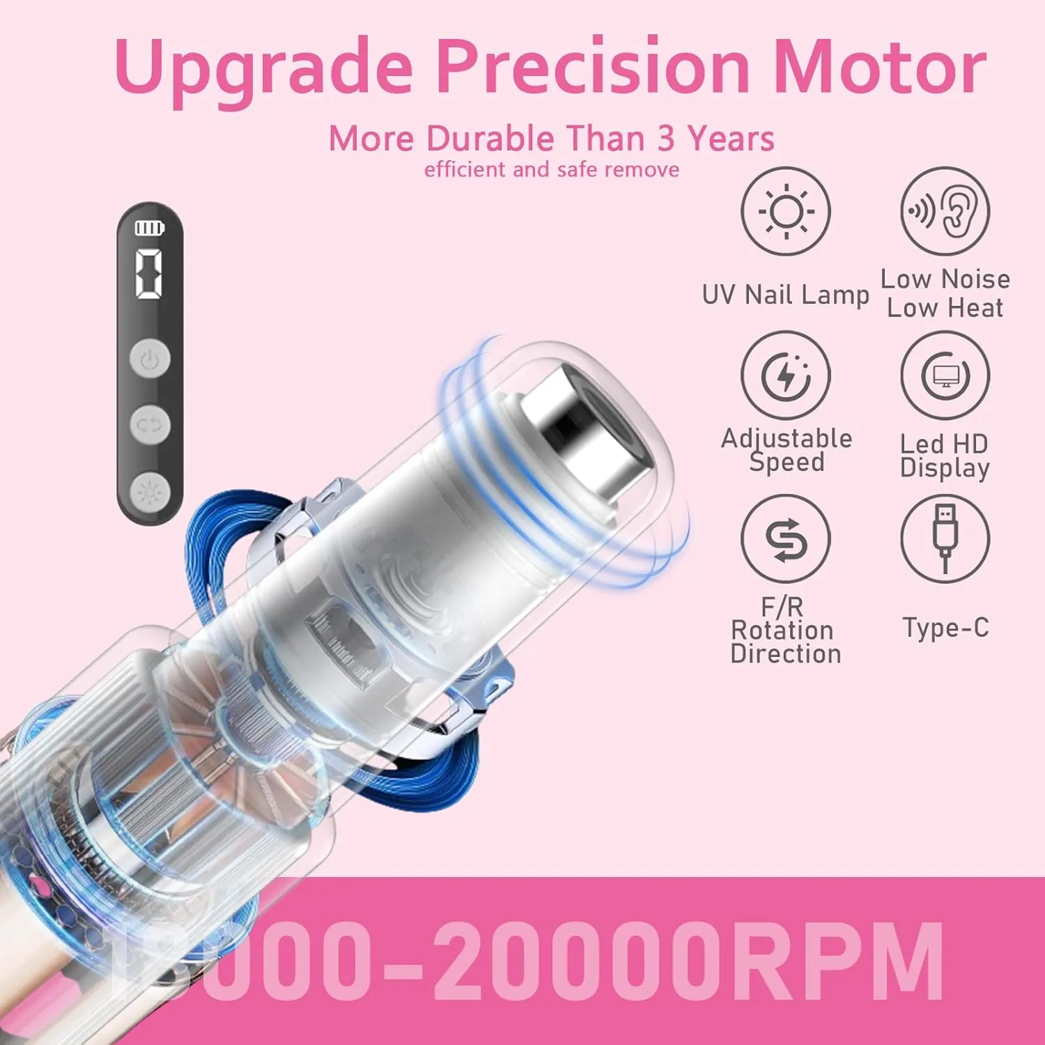 Electric Nail Drill Kit with U V Nail Lamp,Portable Cordless Electric Nail File with Display Screen,9 Speeds Professional Manicure Pedicure Polishing 12-in-1 Nail Drill Kit for Home and Salon Use