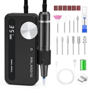 Electric Nail File Professional,35000 RPM for Acrylic Gel Polishing Removing with Nail Drill, Lightweight Nail kit Portable Rechargeable Nail File Manicure for Salon & Home (Black)