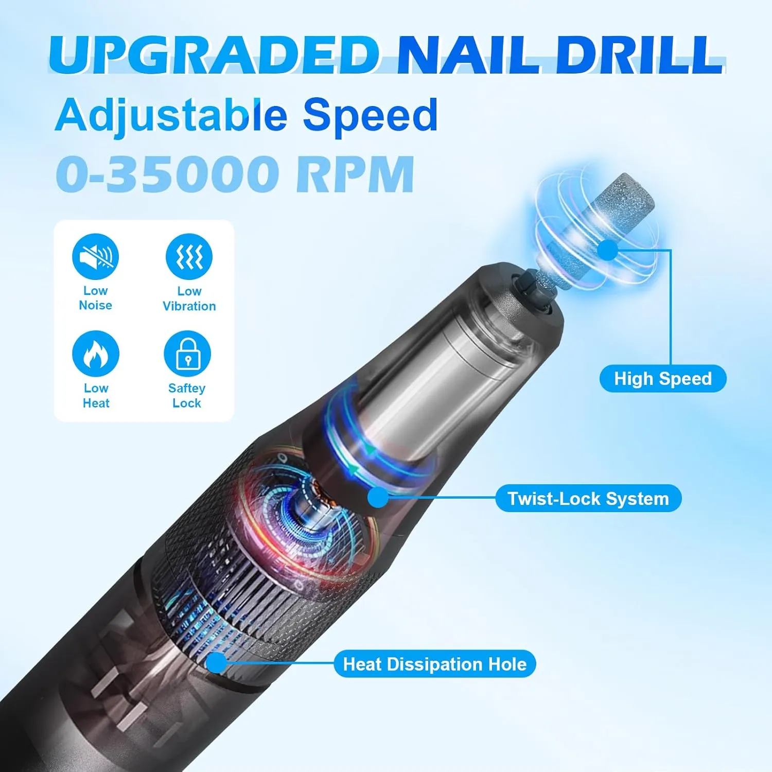 Electric Nail File Professional,35000 RPM for Acrylic Gel Polishing Removing with Nail Drill, Lightweight Nail kit Portable Rechargeable Nail File Manicure for Salon & Home (Black)