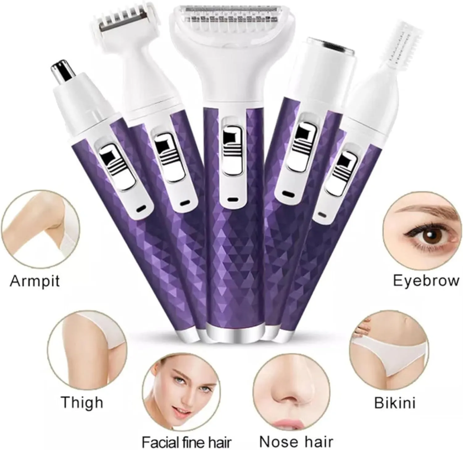 Electric Razor for Women, 5 in 1 Electric Shaver for Women, Portable Rechargeable Hair Trimmer Wet and Dry Cordless Shaver Hair Remover for Face, Legs, and Bikini (Purple)