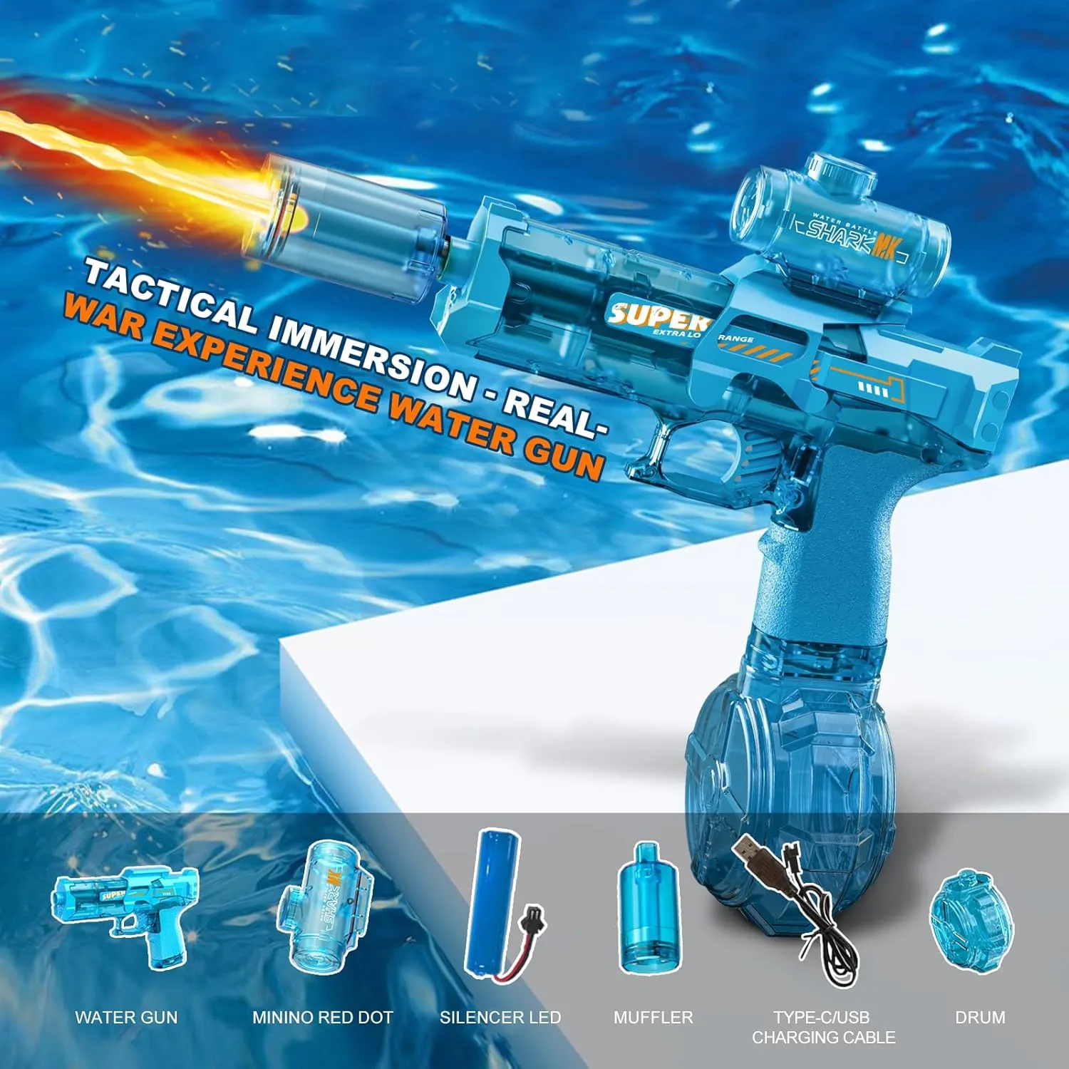 Electric Water Gun for Adults Kids, Automatic Squirt Watergun Pistol with Led Lights, Summer Outdoor Pool Beach Party Toys, Blue