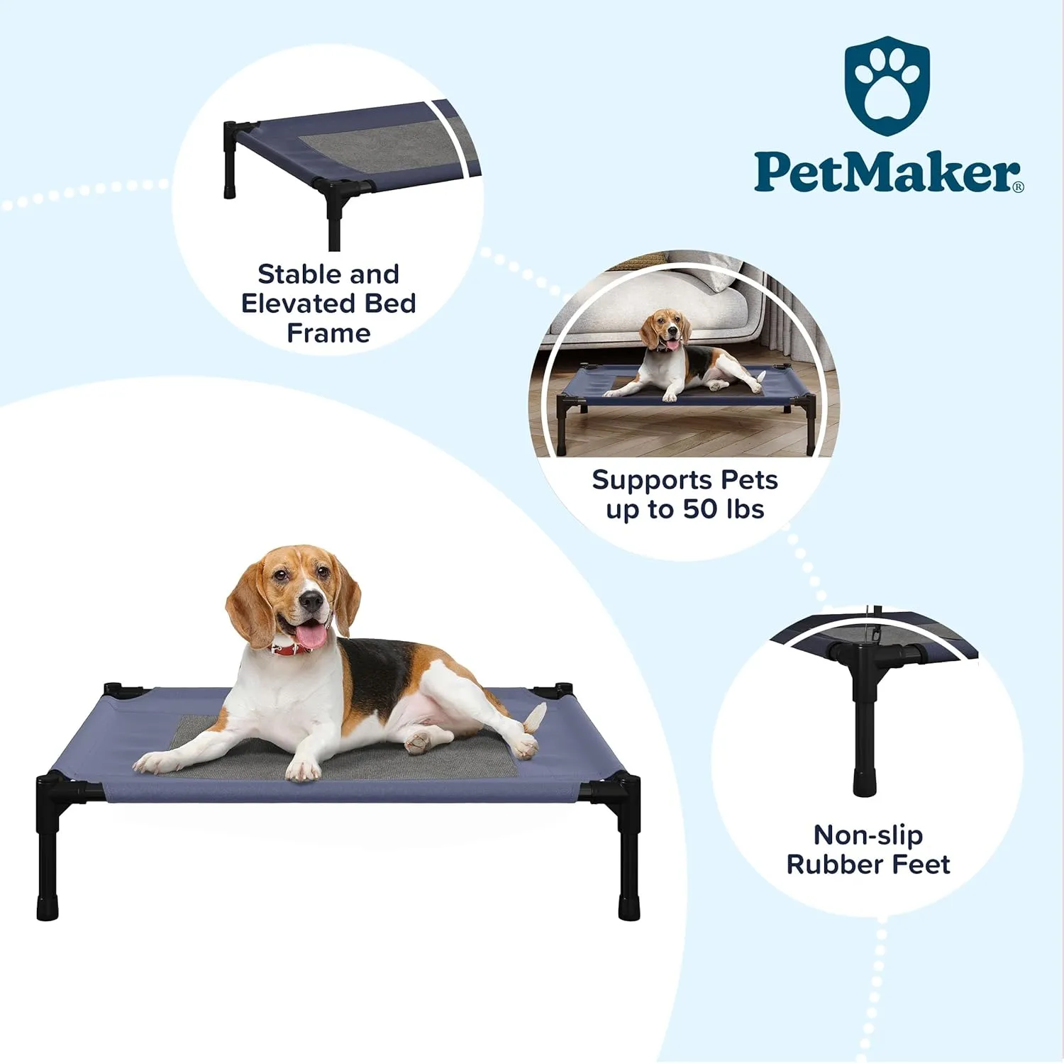 Elevated Dog Bed - 30x24-Inch Portable Pet Bed with Non-Slip Feet - Indoor/Outdoor Dog Cot or Puppy Bed for Pets up to 50lbs by PETMAKER (Blue)