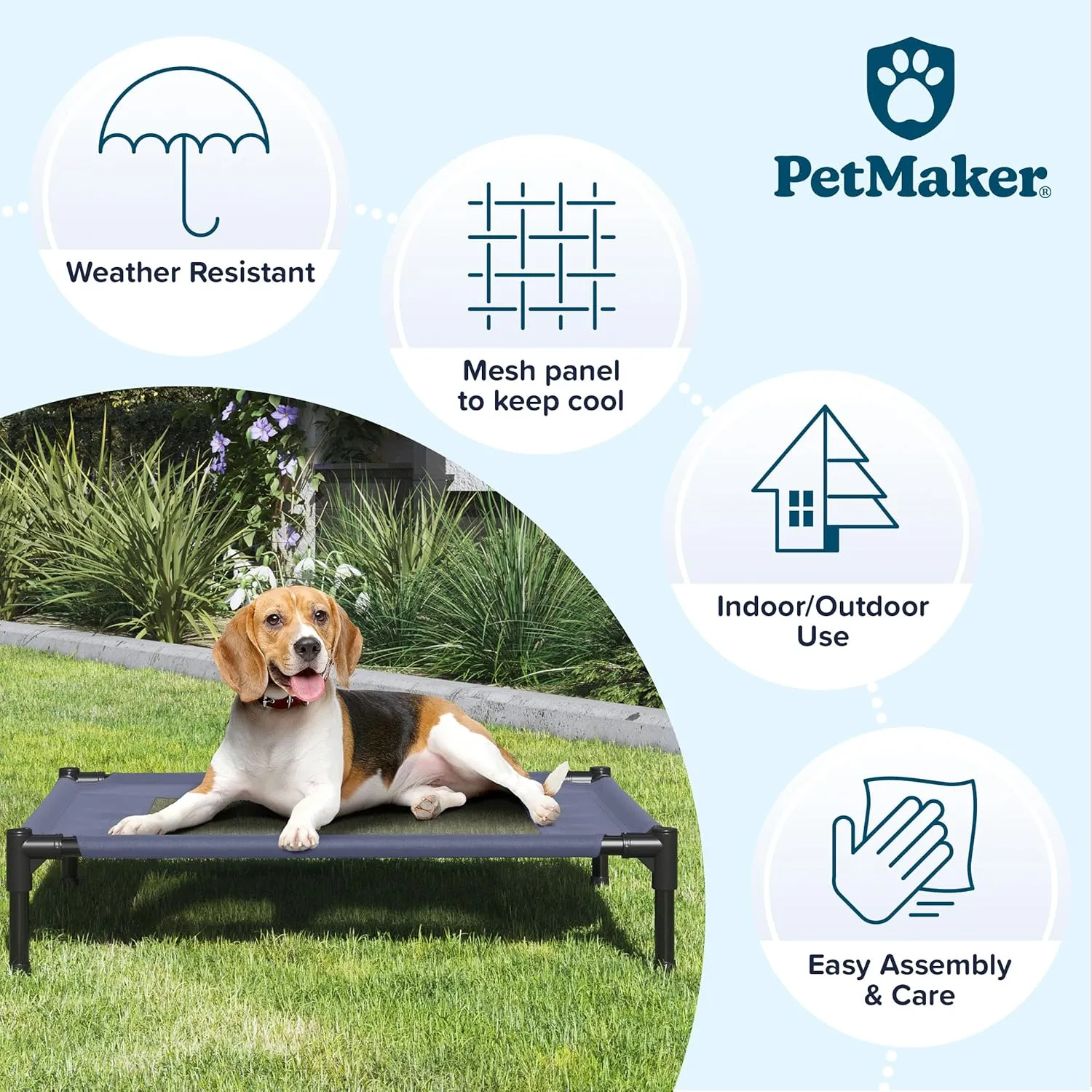 Elevated Dog Bed - 30x24-Inch Portable Pet Bed with Non-Slip Feet - Indoor/Outdoor Dog Cot or Puppy Bed for Pets up to 50lbs by PETMAKER (Blue)