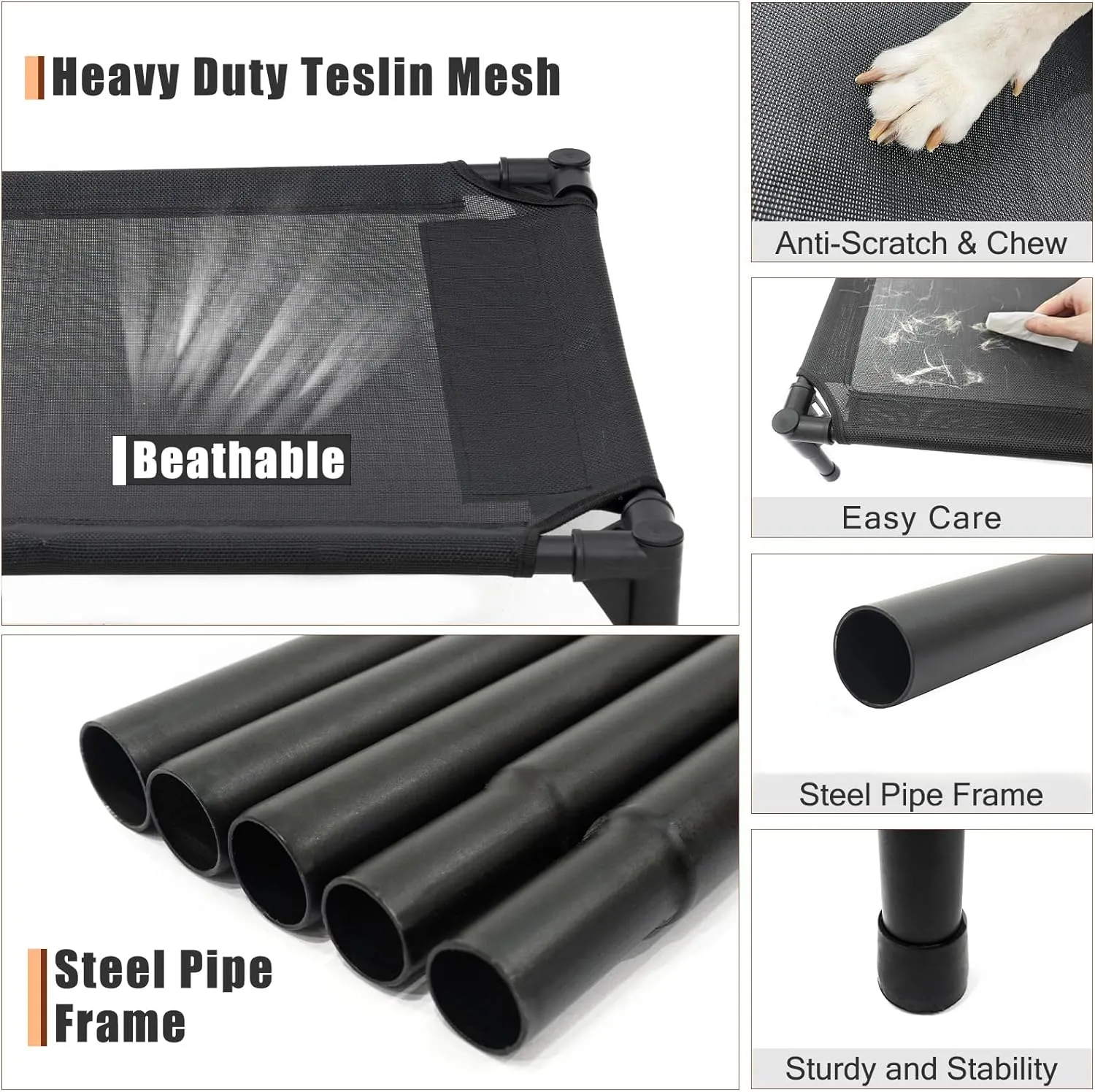 Elevated Dog Bed for Extra Large Dogs, Raised Dog Cot Beds Fits Up to 150 LBs, Heavy Duty Pet Cots with Durable Supportive Teslin Recyclable Mesh, Indoor & Outdoor Dog Bed, Black