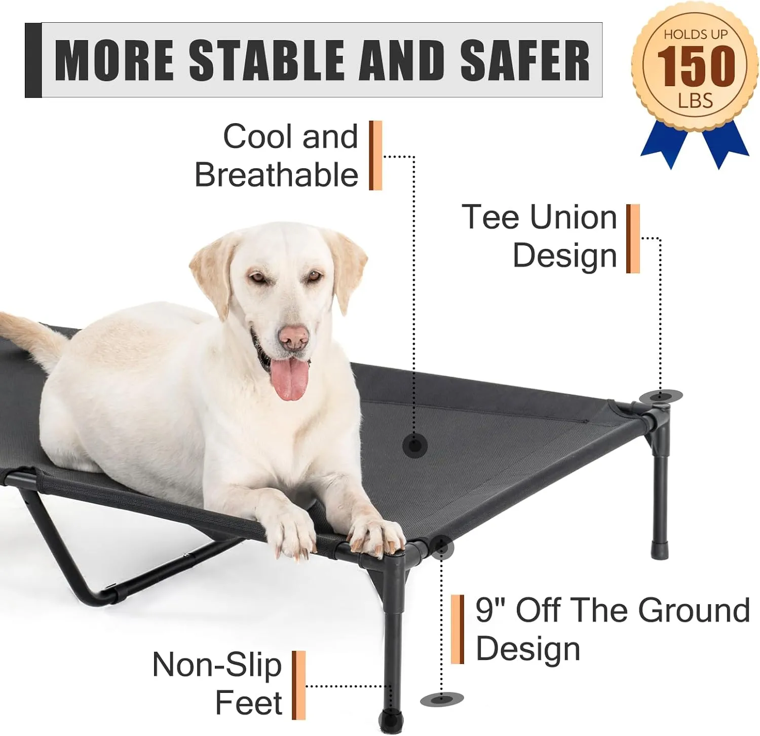 Elevated Dog Bed for Extra Large Dogs, Raised Dog Cot Beds Fits Up to 150 LBs, Heavy Duty Pet Cots with Durable Supportive Teslin Recyclable Mesh, Indoor & Outdoor Dog Bed, Black