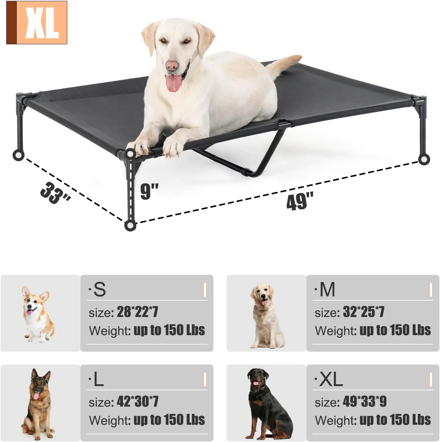 Elevated Dog Bed for Extra Large Dogs, Raised Dog Cot Beds Fits Up to 150 LBs, Heavy Duty Pet Cots with Durable Supportive Teslin Recyclable Mesh, Indoor & Outdoor Dog Bed, Black