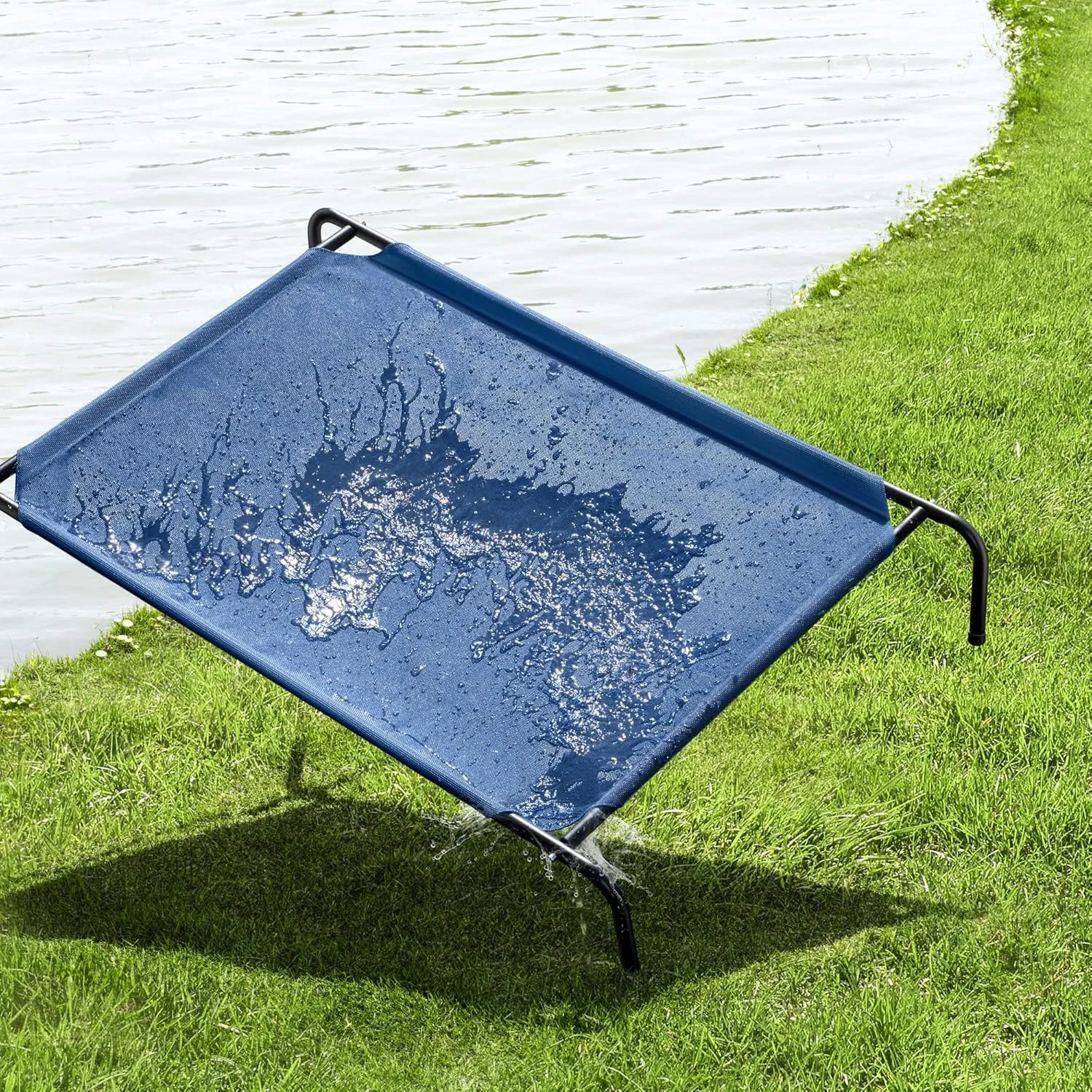 Elevated Dog Bed for Large Dogs,Raised Dog Cots,Indoor & Outdoor Cooling Waterproof Pet Hammock with Washable Breathable Mesh,Chew Proof,Blue 50in