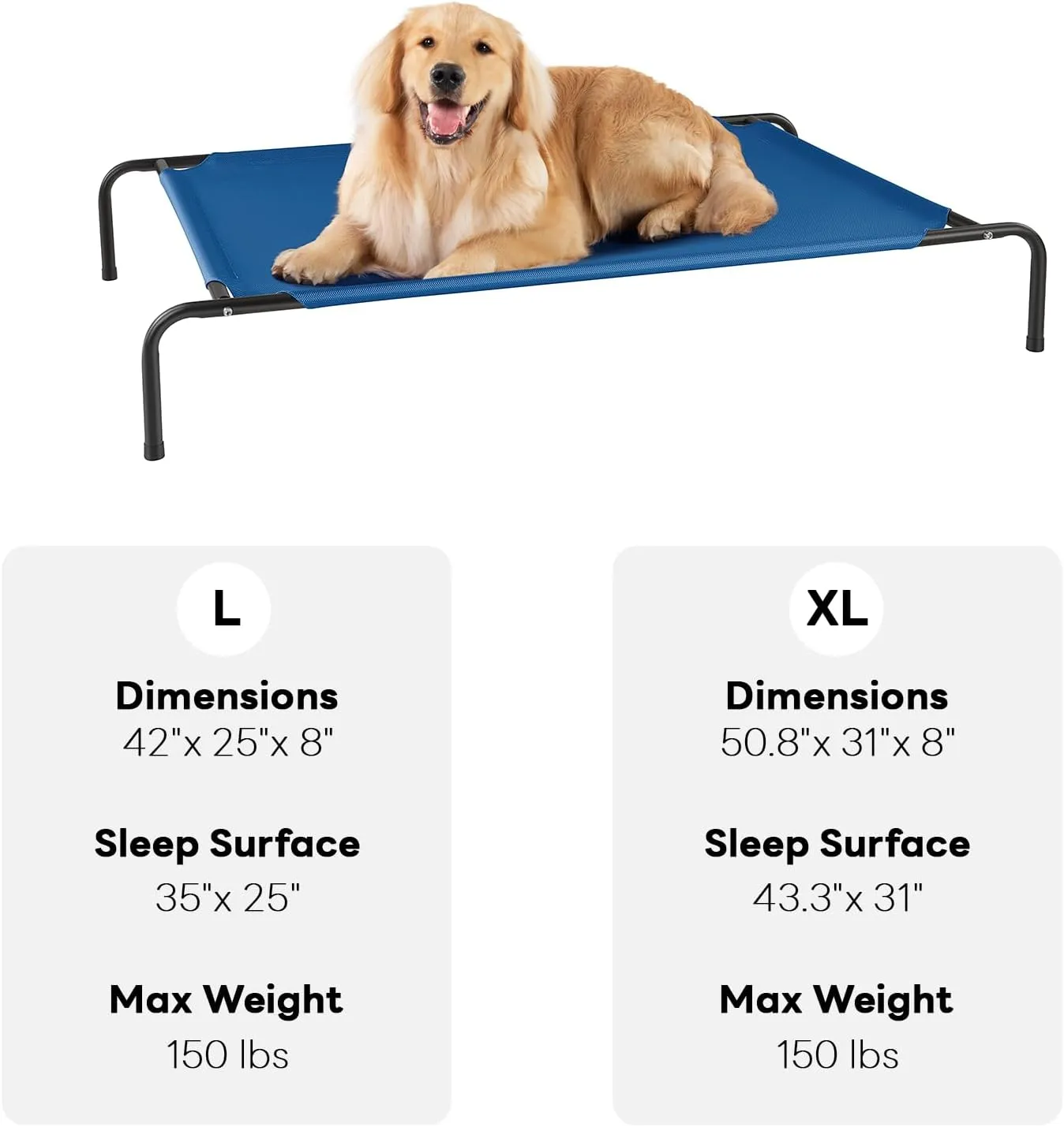 Elevated Dog Bed for Large Dogs,Raised Dog Cots,Indoor & Outdoor Cooling Waterproof Pet Hammock with Washable Breathable Mesh,Chew Proof,Blue 50in