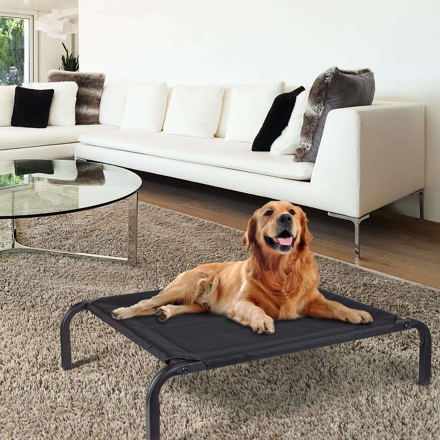 Elevated Outdoor Dog Bed, Dog Cot Bed Waterproof, Portable Indoor & Outdoor Pet Hammock Bed, Frame with Washable, Breathable, Durable Teslin Mesh (Large)