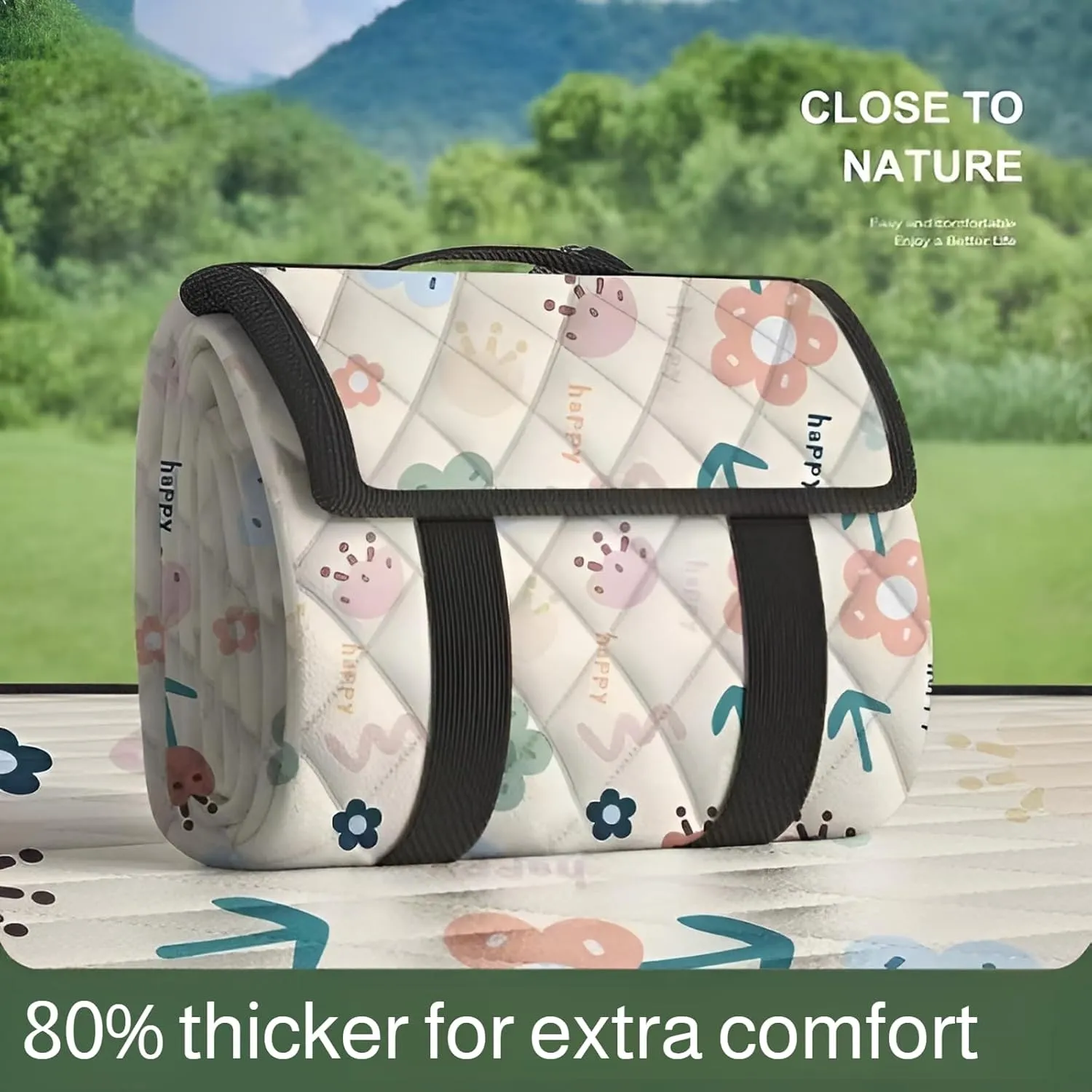 Ellniges]【Thick Picnic Blanket Waterproof Camping Mat with Carry Strap - for Beach Outings, Spring Festivals & Tailgating, Heavy Duty Oxford Cloth & Non-Tear PVC Base (Compact Travel Design)