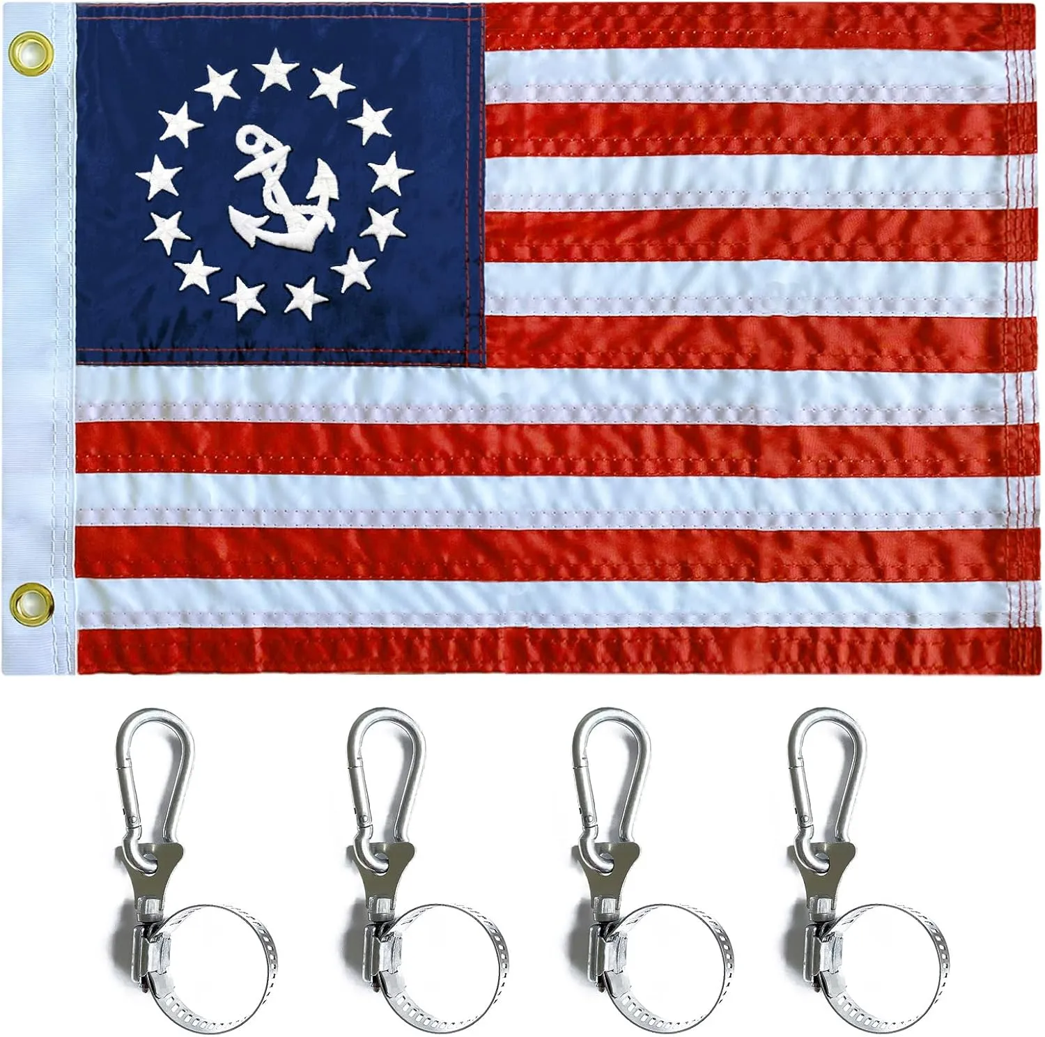 Embroidered Stars and Anchor Boat Flag 12x18 Inch - American Boat Flag Kit with 4 Clips Heavy Duty Nylon Sewn Stripes US Pontoon Boat Marine Flags Banner with 2 Brass Grommets
