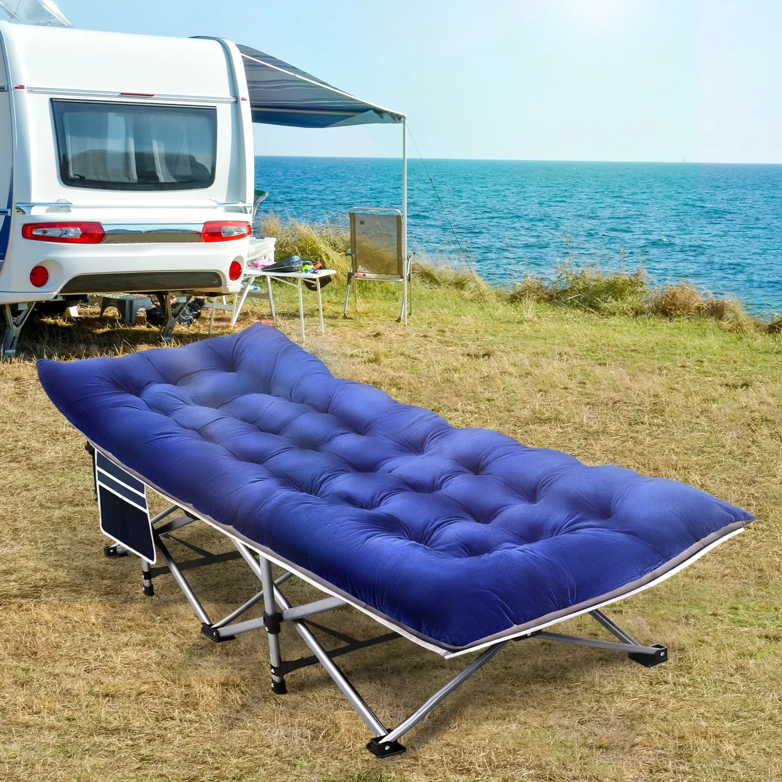 Emossie Camping Sleeping Cot for Adults Kids with Double-Sided 4in Extra Thick Mattress, Portable Folding Camp Sleep Cots Beds, XL-75x28in, Blue