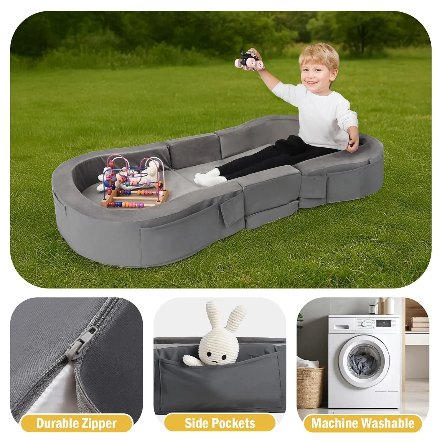ENITYA Toddler Travel Bed, Folding Floor Cot for Travel, Portable Kids Bed for Sleeping, Washable Toddler Cot for Children 18M – 5yr Old, Grey