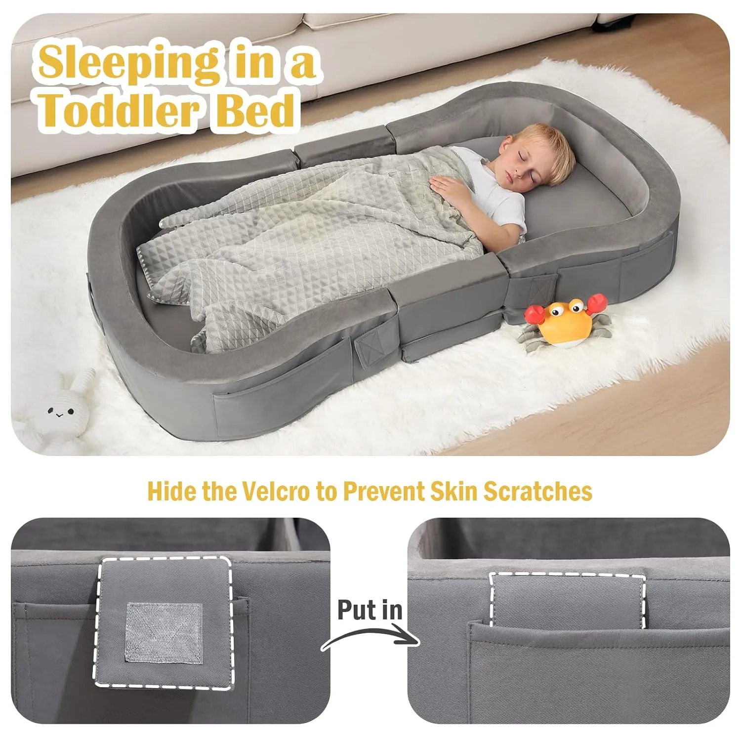 ENITYA Toddler Travel Bed, Folding Floor Cot for Travel, Portable Kids Bed for Sleeping, Washable Toddler Cot for Children 18M – 5yr Old, Grey