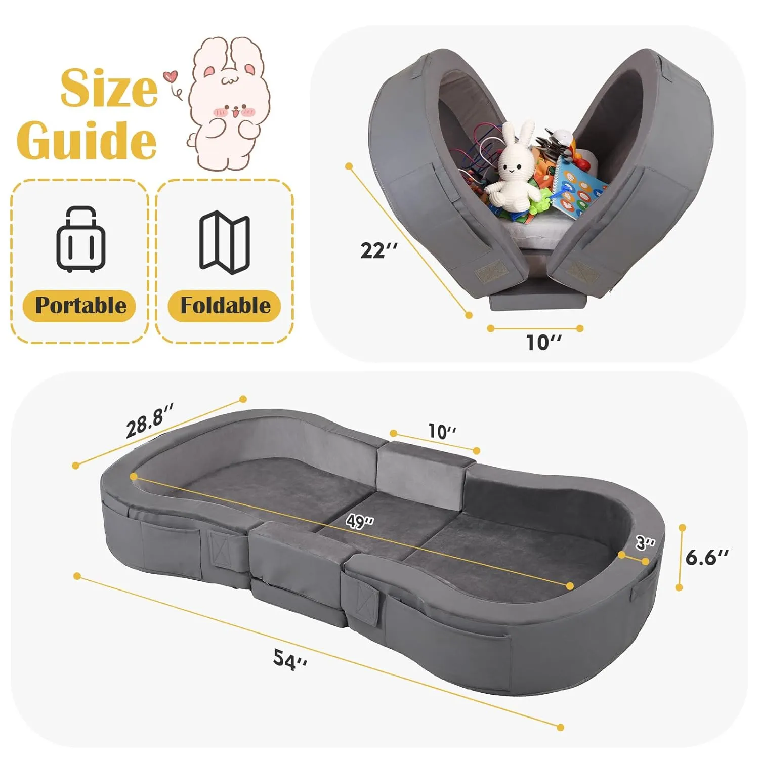 ENITYA Toddler Travel Bed, Folding Floor Cot for Travel, Portable Kids Bed for Sleeping, Washable Toddler Cot for Children 18M – 5yr Old, Grey