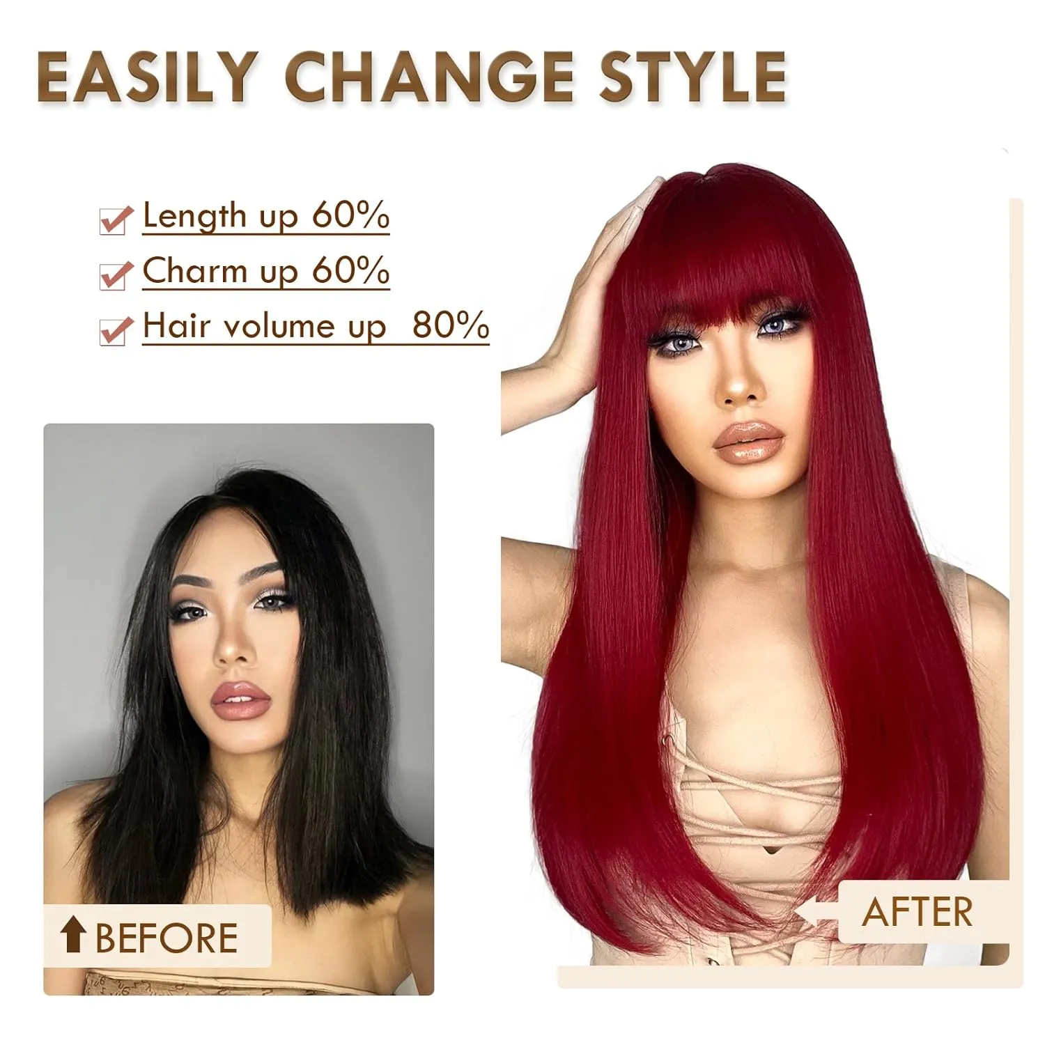 ENTRANCED STYLES Red Wigs for Women Long Straight Red Wig with Bangs Synthetic Burgundy Wig Colored Cosplay Wig for Girls Halloween Daily Party Use 22 Inch