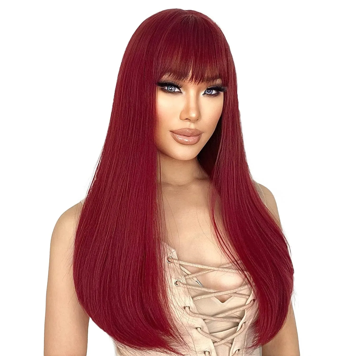 ENTRANCED STYLES Red Wigs for Women Long Straight Red Wig with Bangs Synthetic Burgundy Wig Colored Cosplay Wig for Girls Halloween Daily Party Use 22 Inch