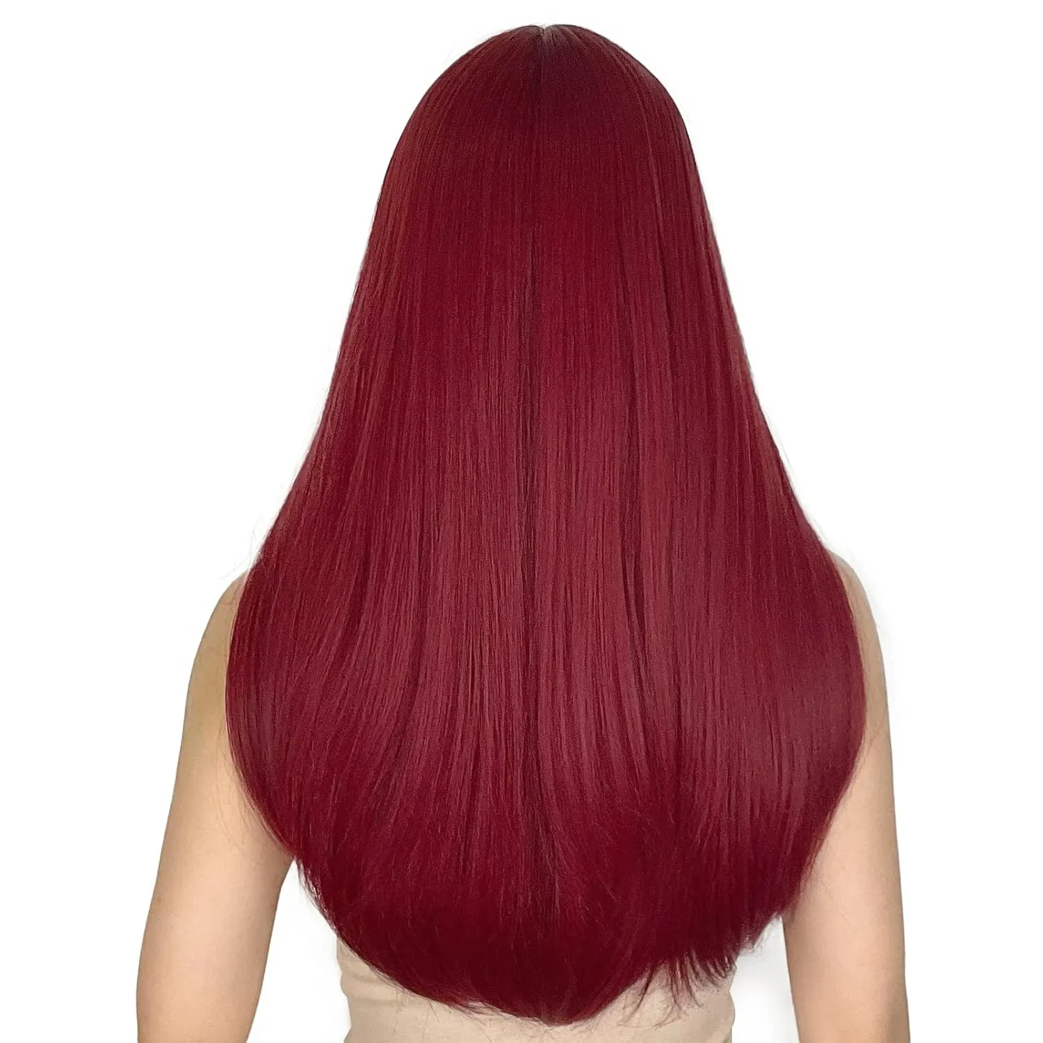 ENTRANCED STYLES Red Wigs for Women Long Straight Red Wig with Bangs Synthetic Burgundy Wig Colored Cosplay Wig for Girls Halloween Daily Party Use 22 Inch
