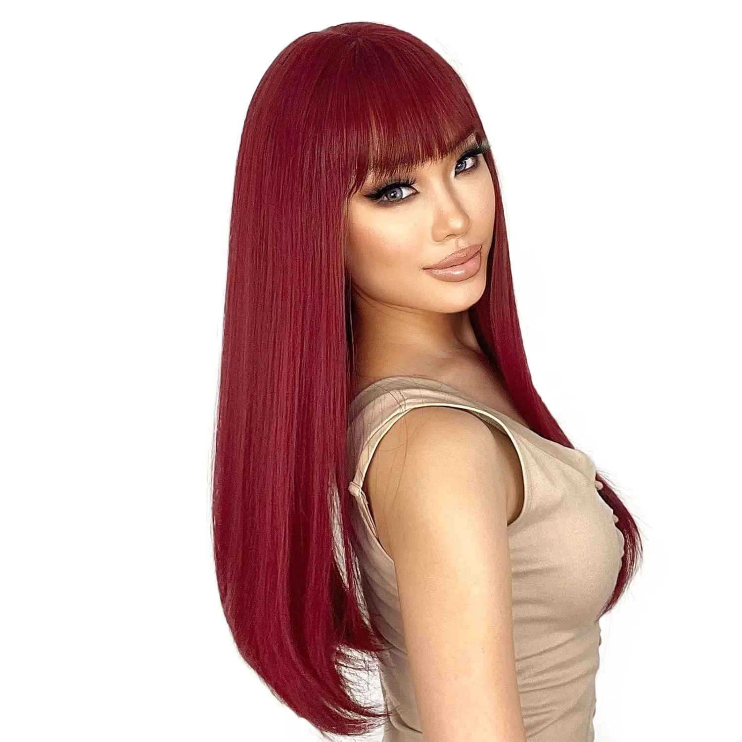 ENTRANCED STYLES Red Wigs for Women Long Straight Red Wig with Bangs Synthetic Burgundy Wig Colored Cosplay Wig for Girls Halloween Daily Party Use 22 Inch