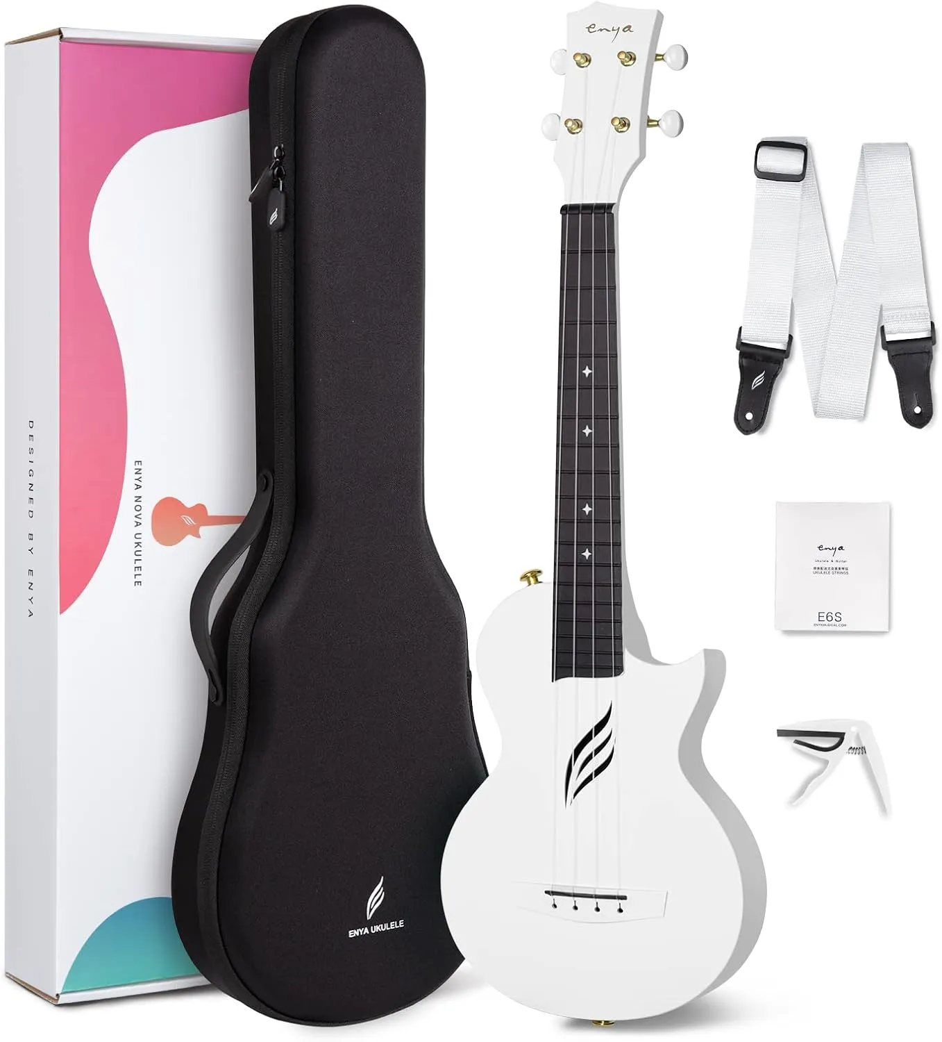 Enya Concert Ukulele Nova U 23’’ Carbon Fiber Travel Ukulele with Beginner Kit includes online lessons, case, strap, capo and strings (White)