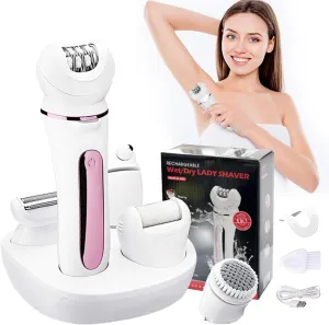Epilator for Women Waterproof, 5 in 1 Bikini Trimmer Underarms Hair Removal Epilator, Shaver, Face Razor, Facial Brush, Face Massage and Body Exfoliator Rechargeable Hair Removal for Women (Pink)