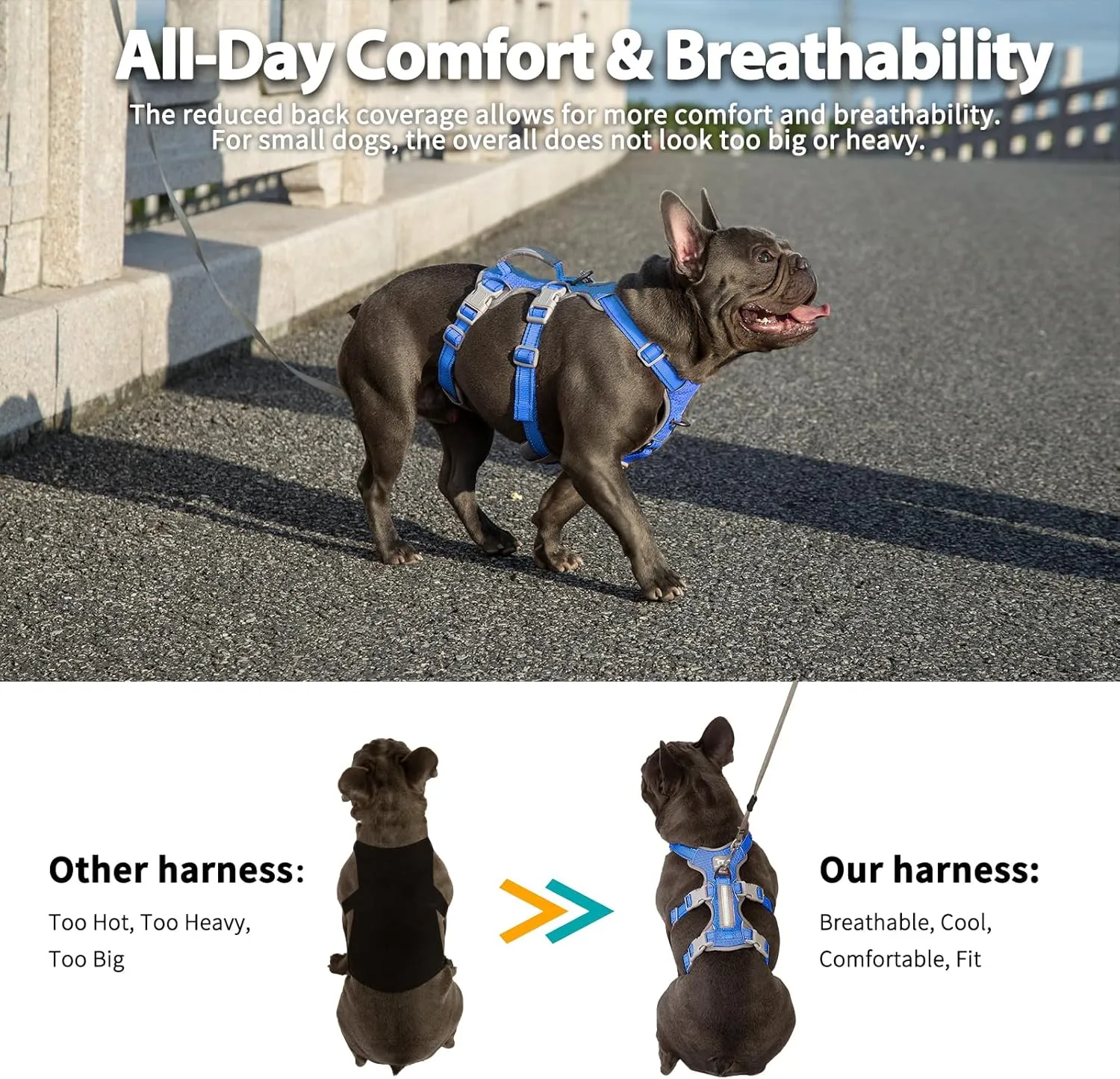Escape Proof Dog Harness, No Pull Reflective Harness with Lift Handle,Adjustable Pet Vest with Front and Back Leash Clips for Small Medium Large Dogs Walking Hiking Training (Sea Blue,L)