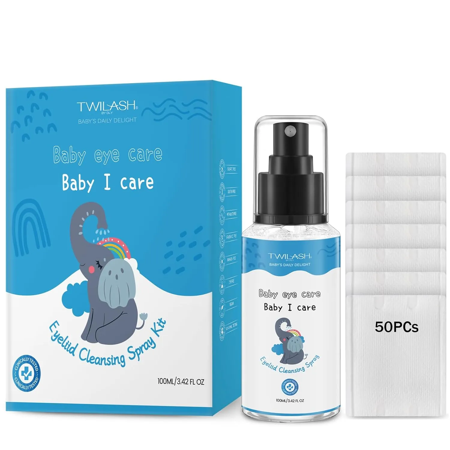 Eyelid Cleansing Spray for Children with 50 Cotton Rounds - Tear-Free, Natural Ingredients | Ideal for Gentle Eye Care and Daily Use | 100ml/3.42 fl oz