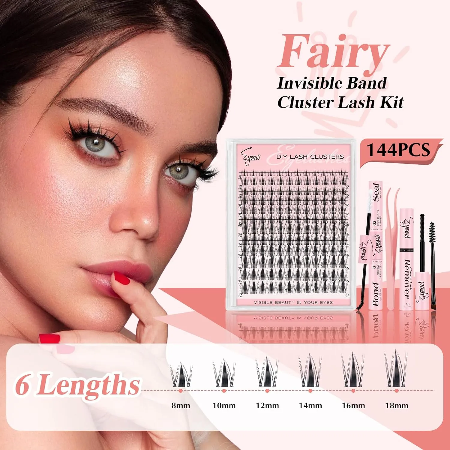 Fairy Lash Clusters Kit 144PCS Ultra-Thin Invisible Band Lash Extension Kit 8-18mm Manga Eyelash Extension Kit C Curl Lash Clusters Wet-Look Anime DIY at Home （Fairy Kit,8-18mm）