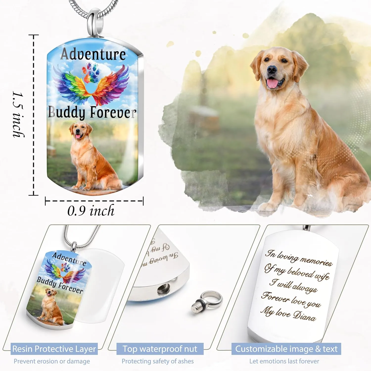Fanery Sue Personalized Dog Cat Ashs Necklace Custom Photo&Text Pet Dog Memorial Urn Necklace Gift