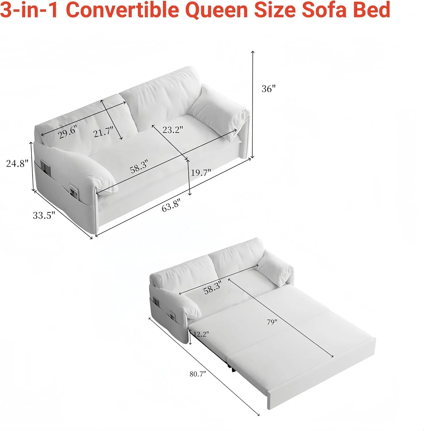 FANYE 63.8" W Living Room Queen Size Sofabed 3 in 1 Convertible Sleeper Sofa Lounge Chaise Daybed, Oversized Loveseat Sofa&Couch W/Pull Out Sleep Couch Bed and Pillow Armrests for Home Apartment