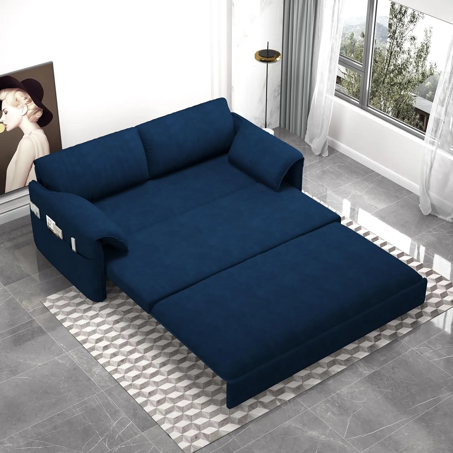 FANYE 63.8" W Living Room Queen Size Sofabed 3 in 1 Convertible Sleeper Sofa Lounge Chaise Daybed, Oversized Loveseat Sofa&Couch W/Pull Out Sleep Couch Bed and Pillow Armrests for Home Apartment